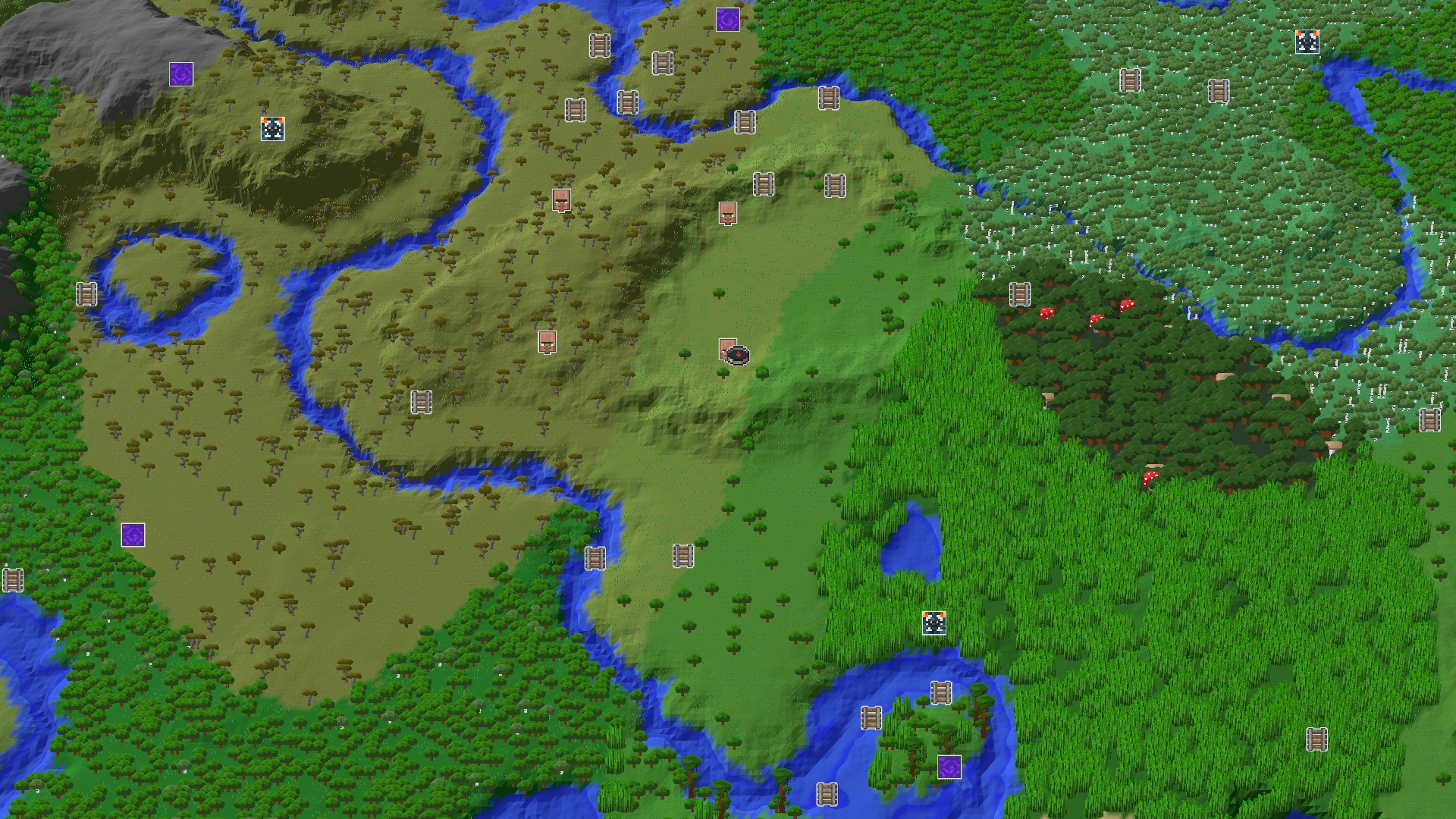 Aerial Minecraft seed map — Village Start with Nearby Jungles and Savannas