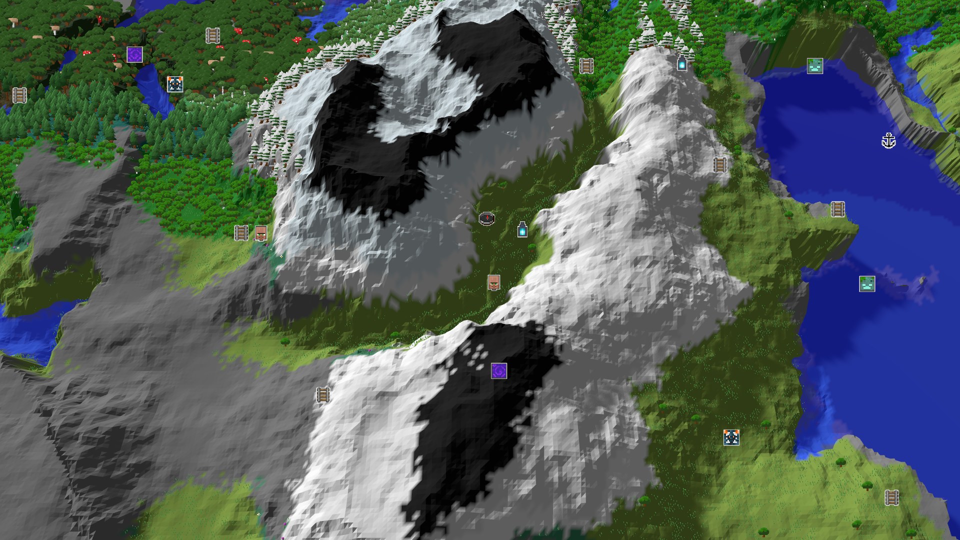 Aerial Minecraft seed map — A Mountainous Start with Nearby Amethyst