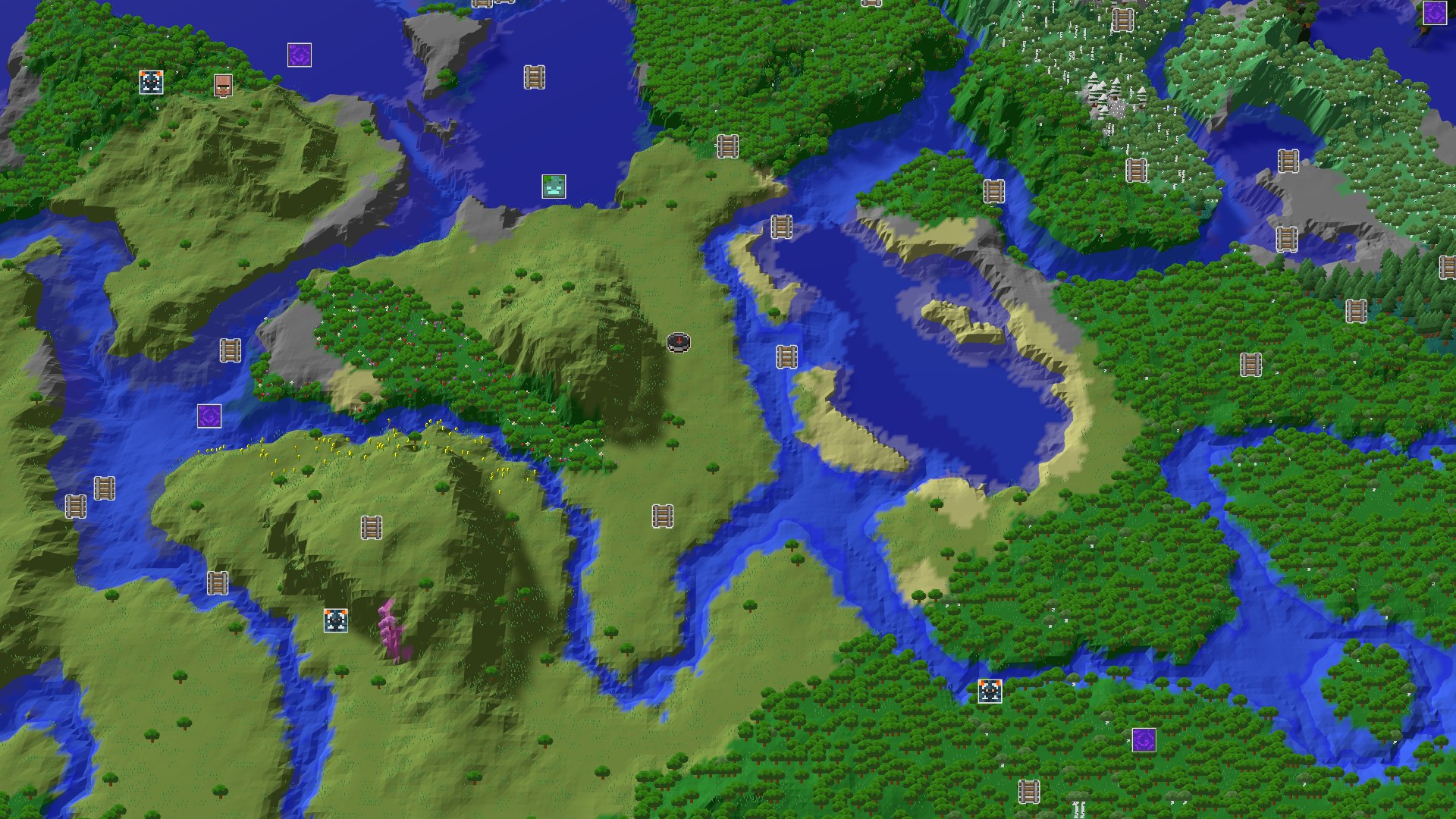 An overhead 3D view of a varied landscape, showing a central grassy plains area with scattered trees, surrounded by forests, a winding river, and distant hills and oceans.