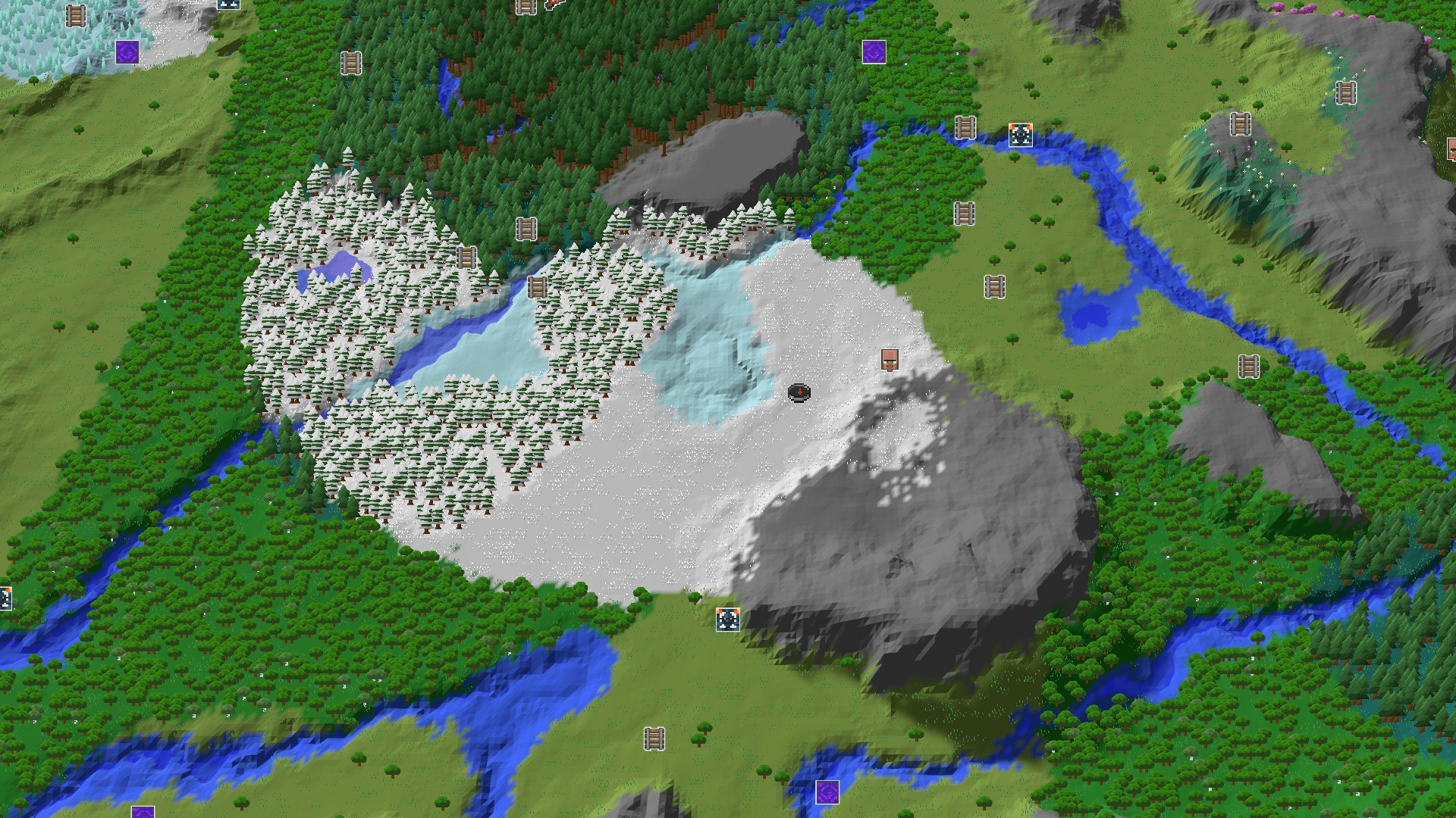 An aerial view showing a snowy plains biome at the center, surrounded by forests, a winding river, and a large grey mountain to the east. A small spawn marker is visible in the snow.
