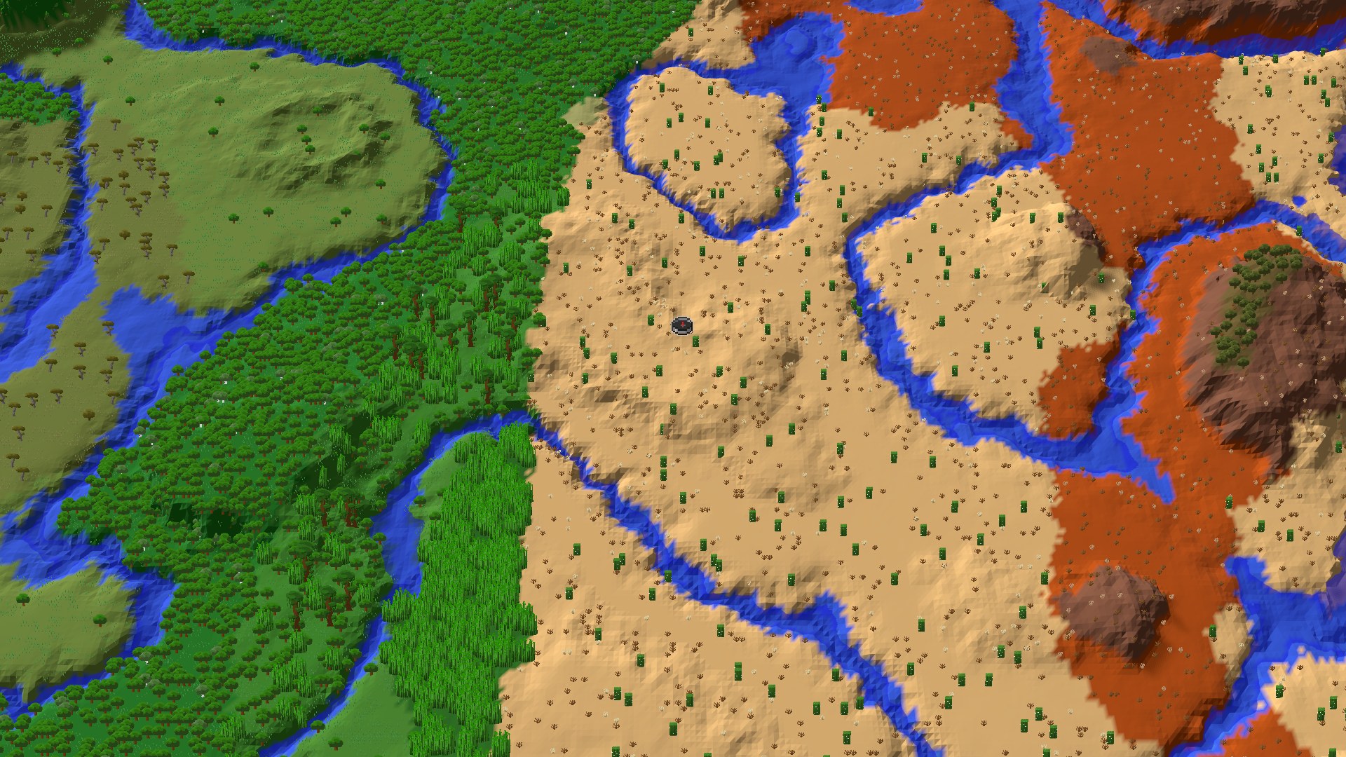 Aerial Minecraft seed map — Desert Start with Quick Pillager and Pyramid Raids