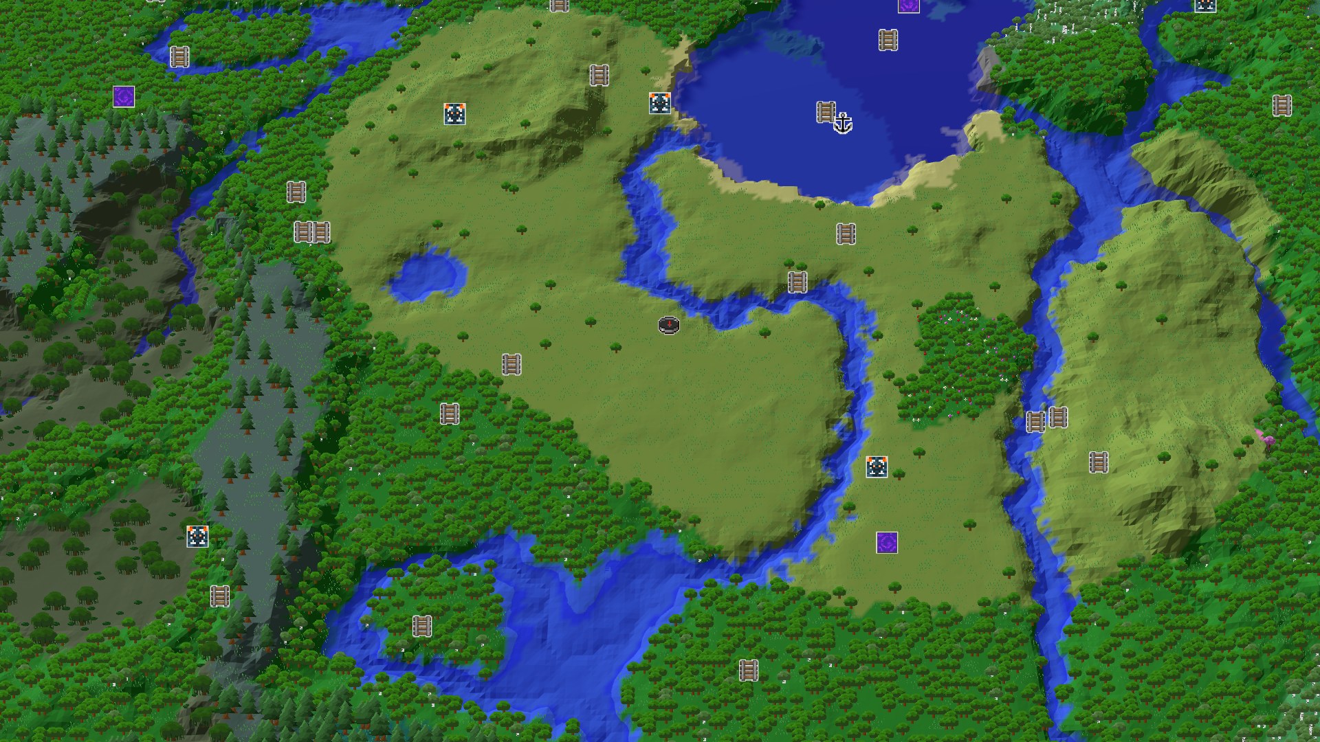 Aerial Minecraft seed map — A Lush Start with Nearby Geode