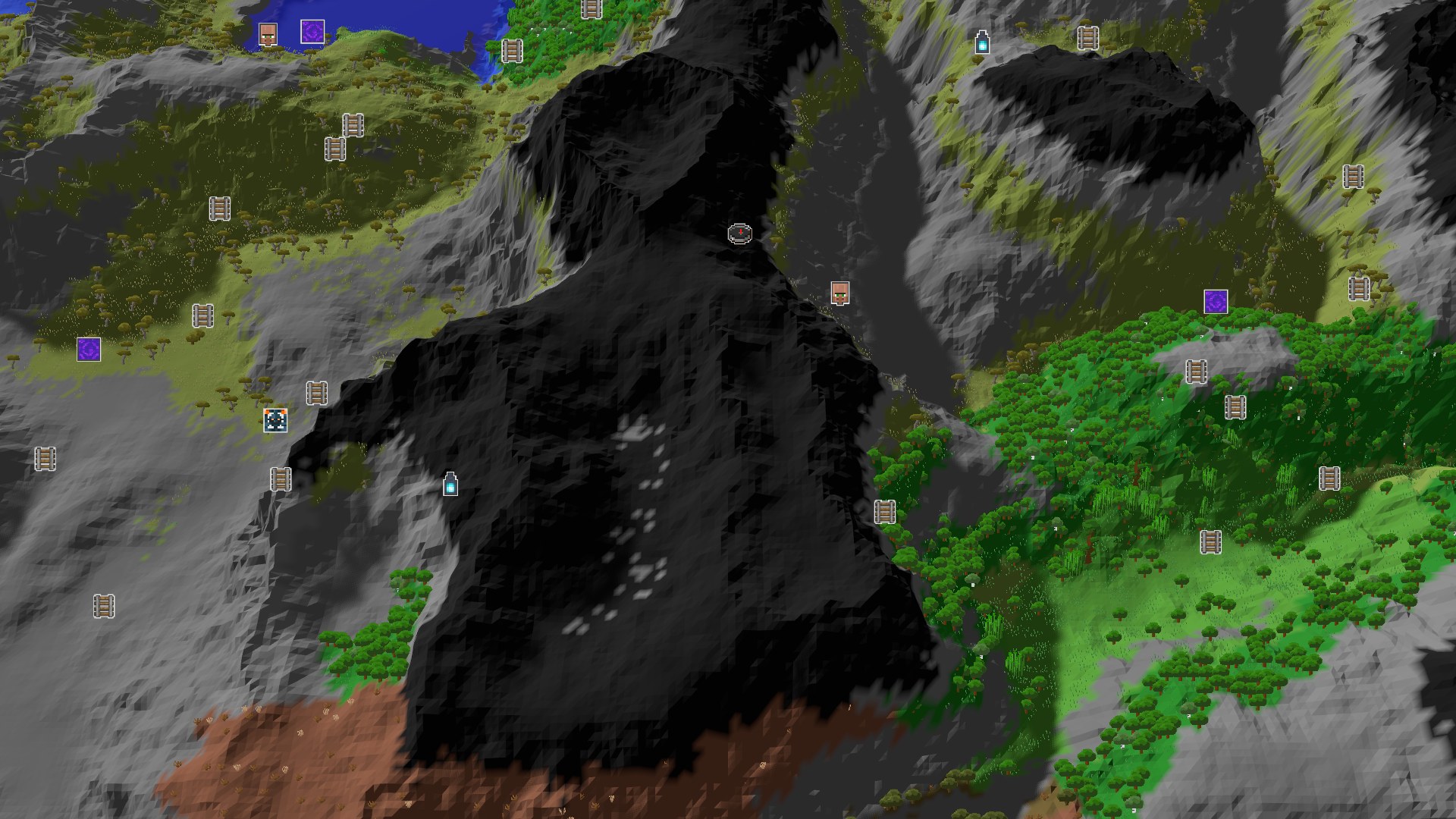 Aerial Minecraft seed map — A Jagged Spawn With Close Geode and Distant Ancient City
