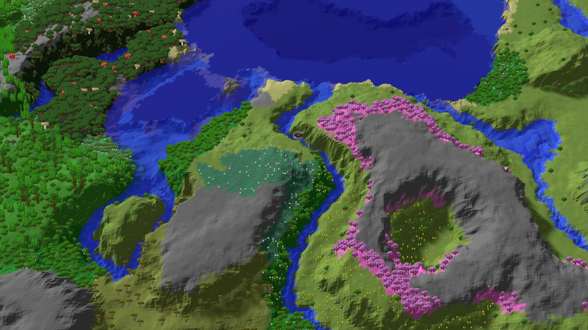 An overhead view of varied terrain featuring a large dark mountain, a river, and patches of pink-leafed cherry trees, with a small spawn marker in the middle.