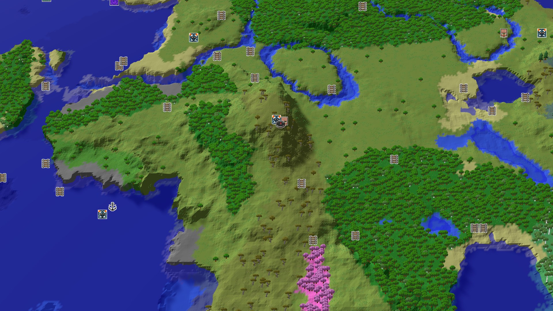 Aerial Minecraft seed map — Savanna Spawn with a Close Trial Chambers