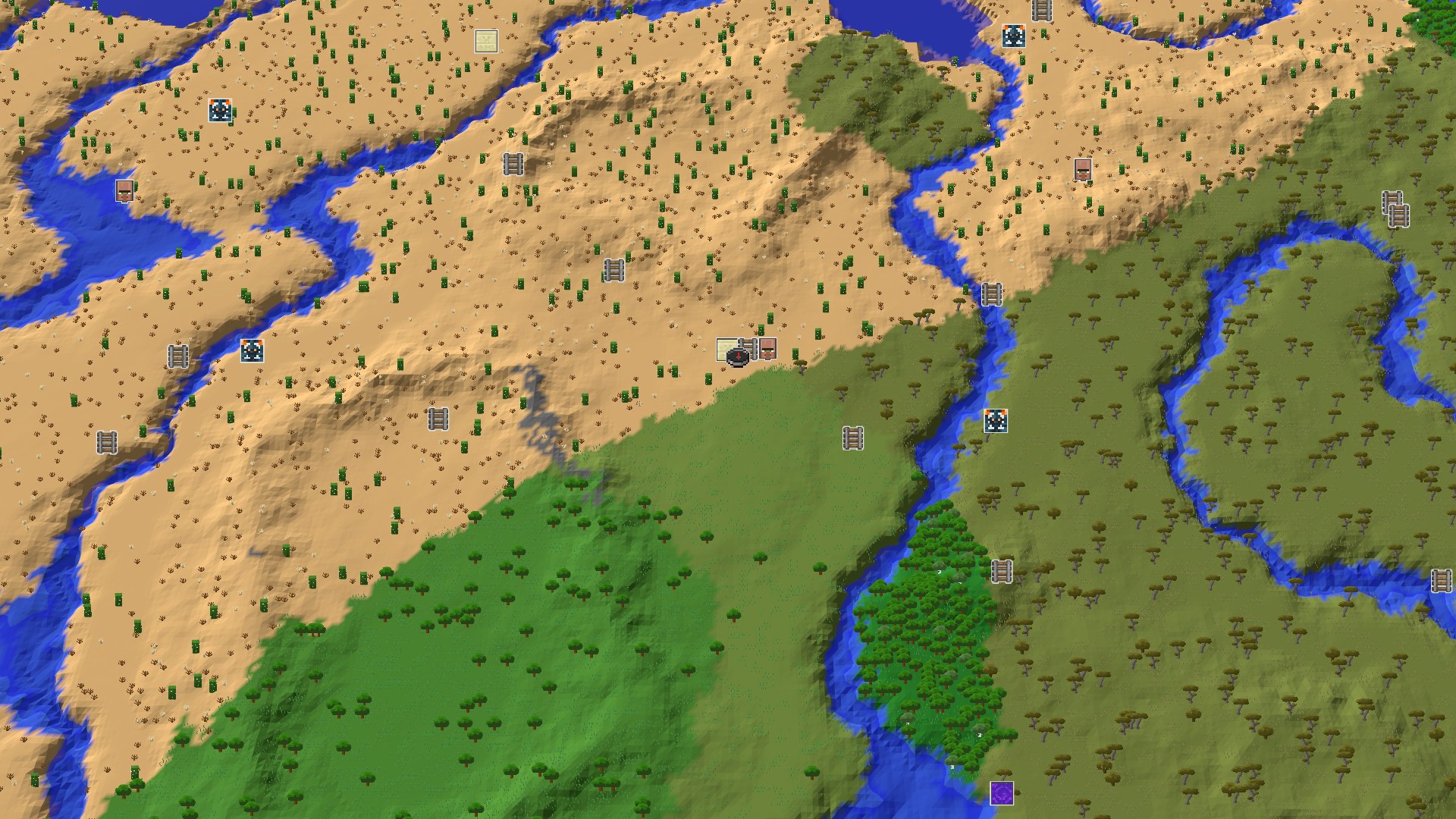 Aerial Minecraft seed map — Desert Spawn with Nearby Pyramid and Village