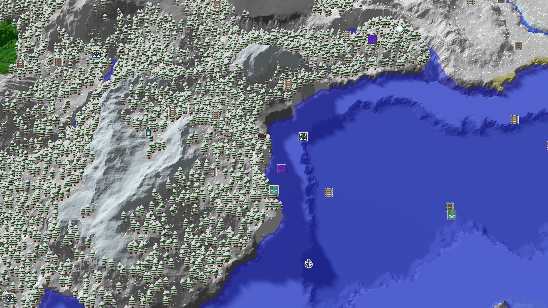 Aerial Minecraft seed map — Spawn in Snow, Find an Amethyst Geode Nearby