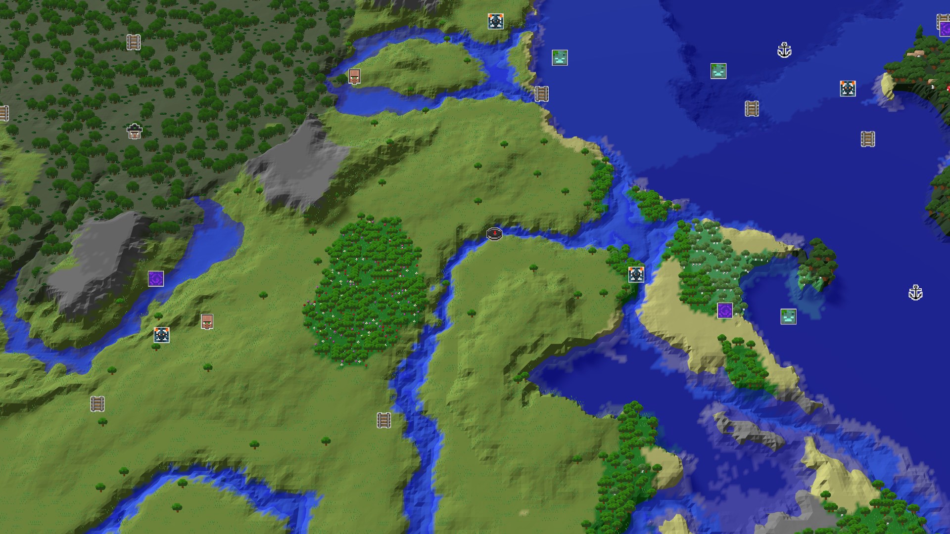 An aerial view of a mostly flat, green landscape with a winding river, some scattered trees, and a large body of water to the east.