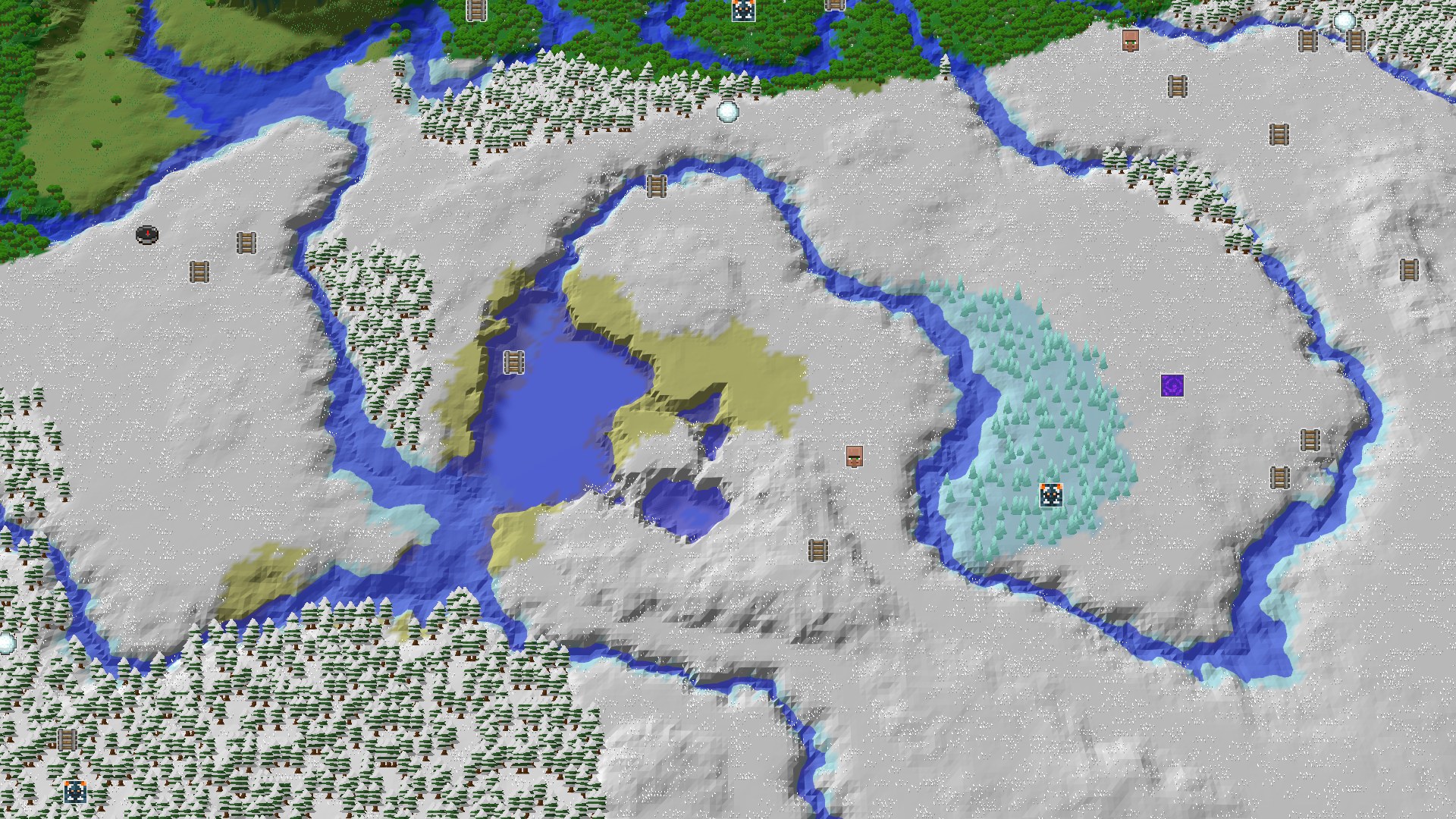 Aerial Minecraft seed map — A Snowy Start with Nearby Amethyst and Trials