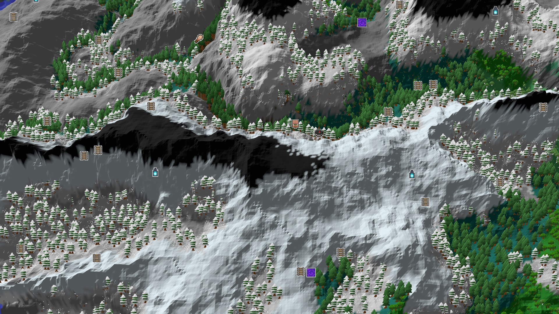 Aerial Minecraft seed map — Spawn in a Mountain Grove with Close Amethyst