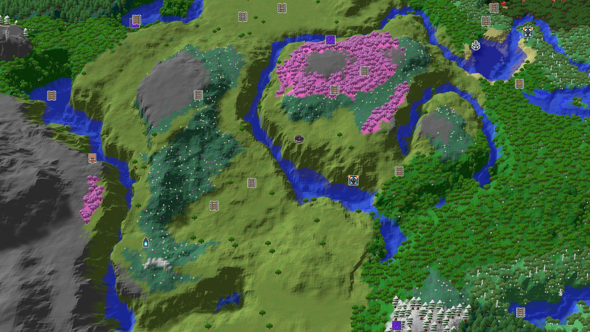 Aerial Minecraft seed map — A Cherry Grove Surprise Near Spawn