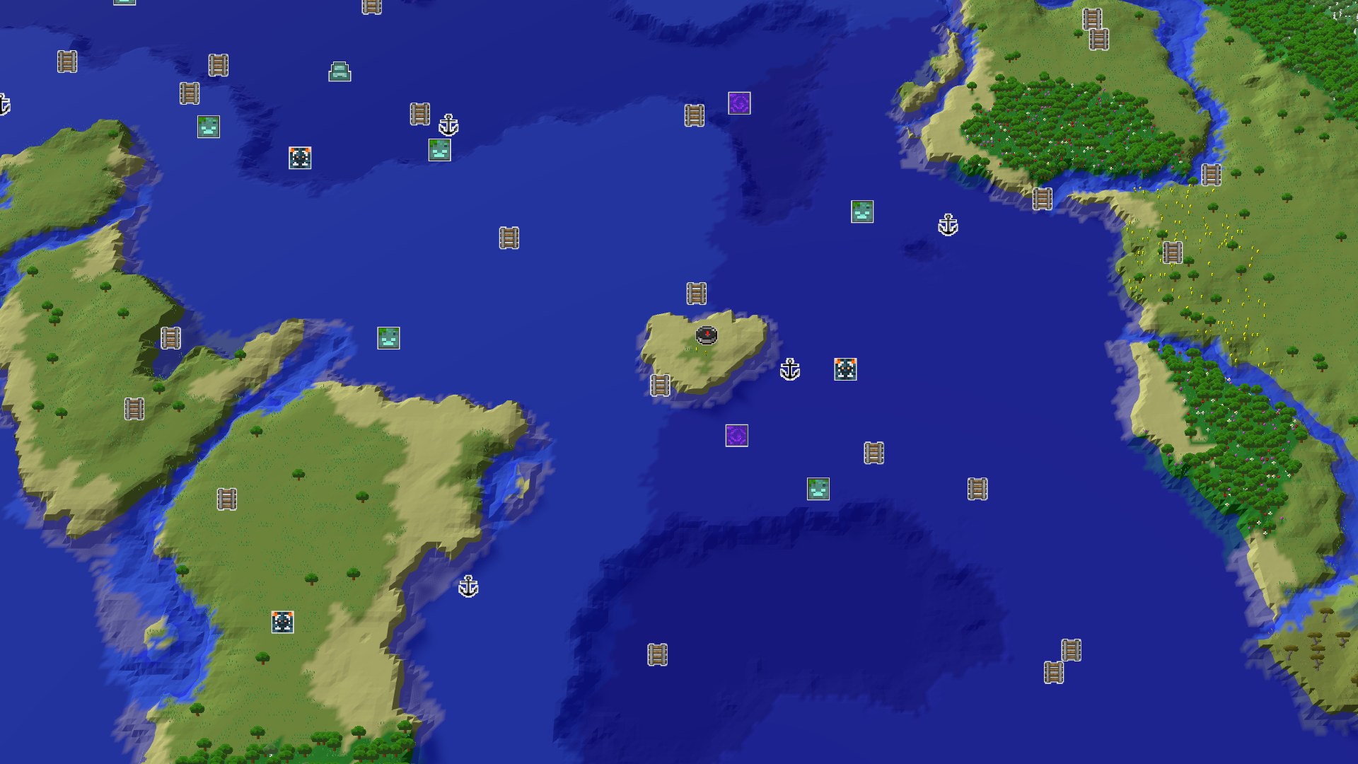 Aerial Minecraft seed map — Ocean Sprawl with Close Buried Treasure and Trial Chambers