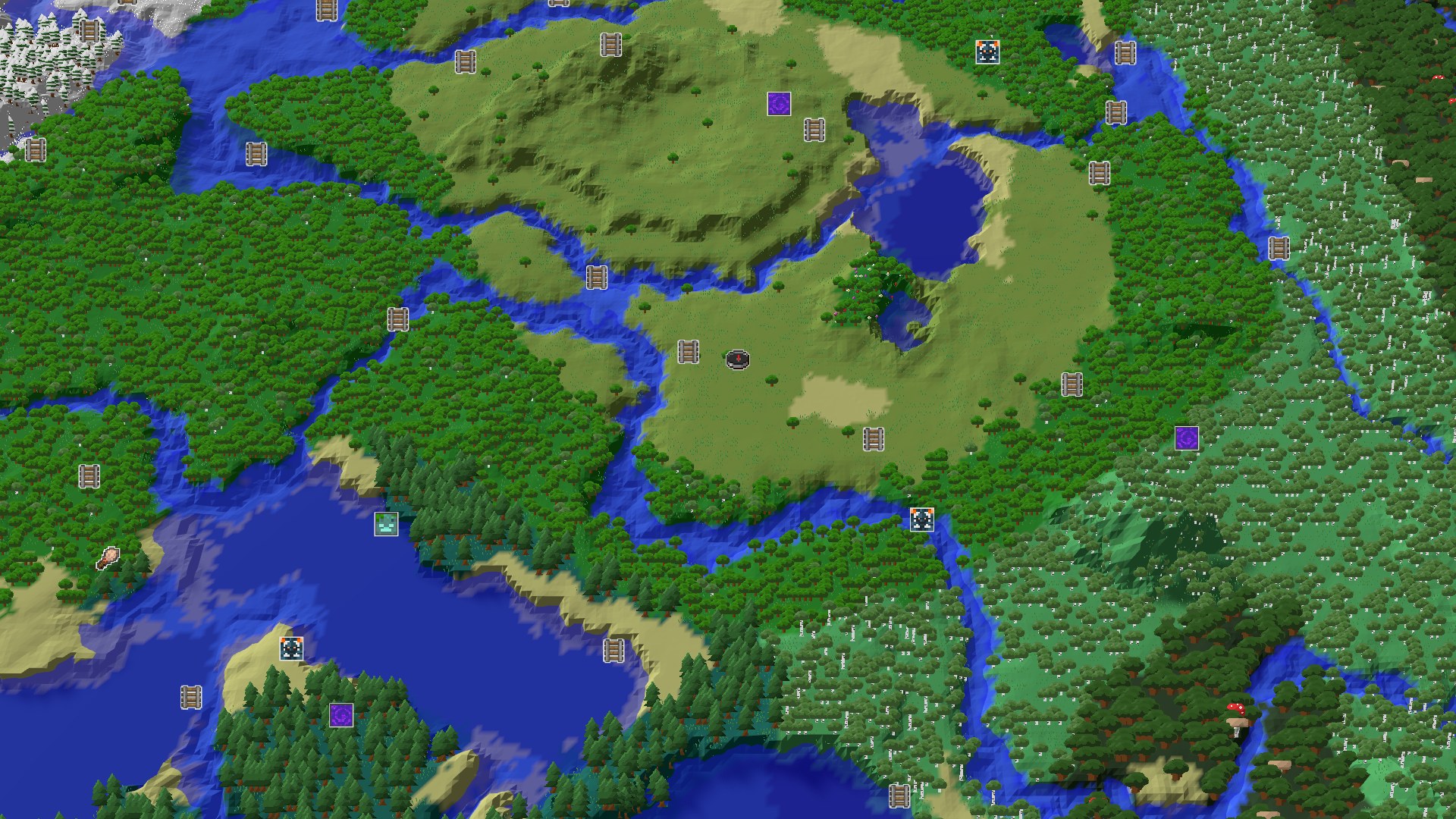 Aerial Minecraft seed map — A Resource-Rich Start with Nearby Amethyst and Mineshaft