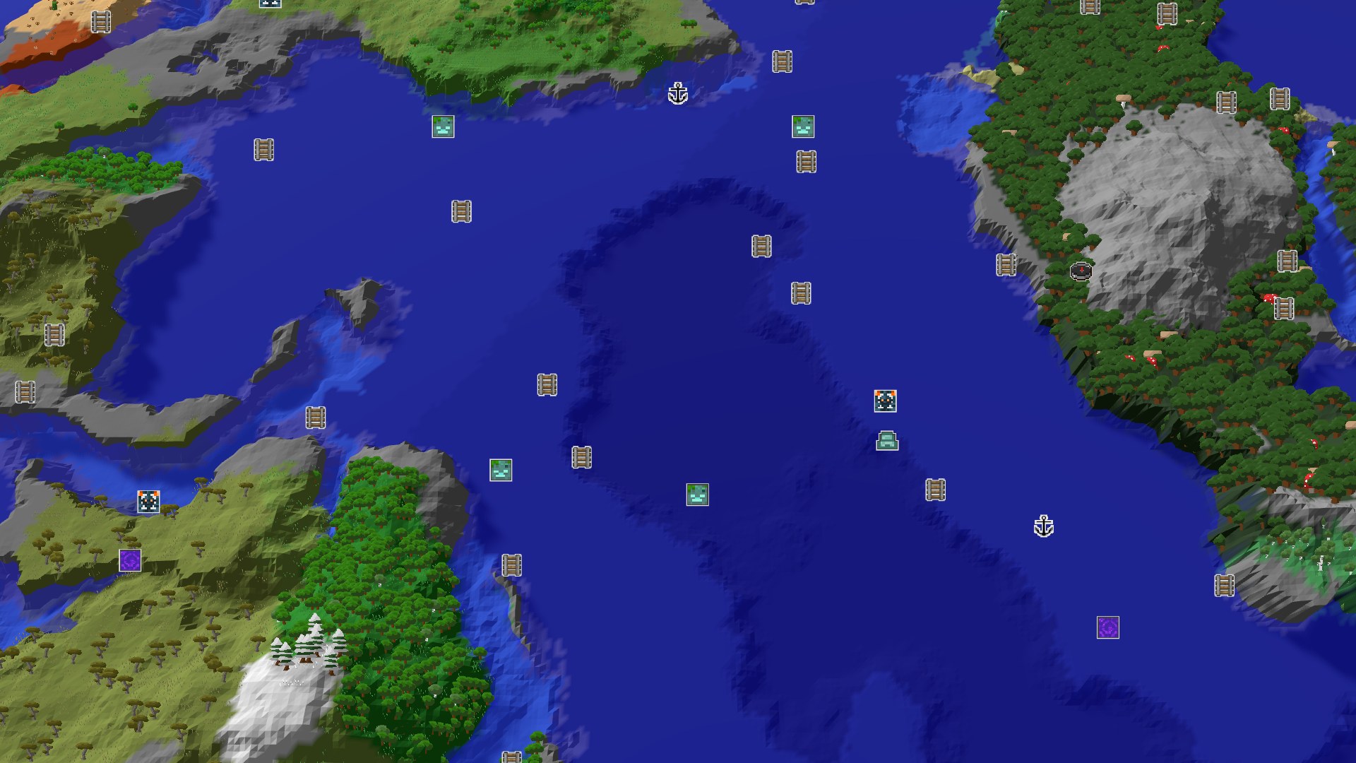 A 3D fly-over of a dark forest surrounding a central spawn marker, with a grey mountain range to the north and open ocean to the west. Sparse trees and some red mushrooms are visible in the dark forest. The ocean shows a few small islands and varying depths. Snowy peaks are visible to the south-west.