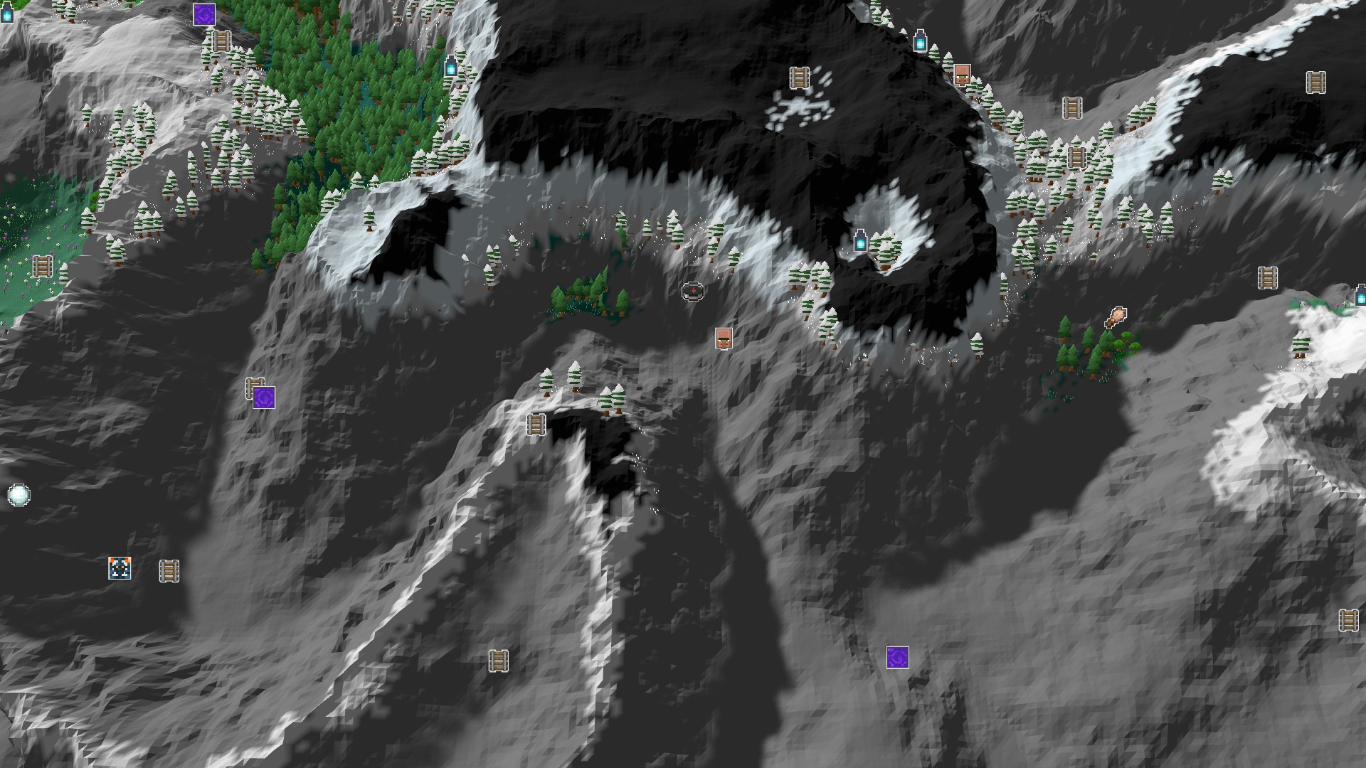 Aerial Minecraft seed map — Spawn in Taiga with nearby Village and Ancient City