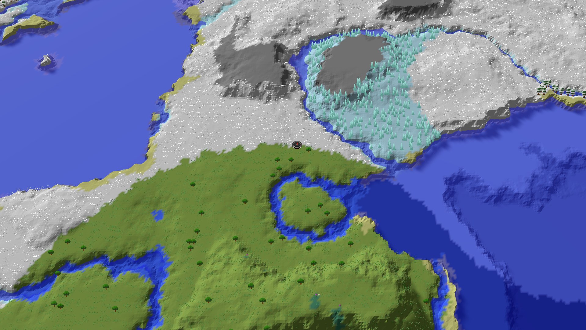 An aerial view showing a green plains biome in the foreground, transitioning into snowy plains and ice spikes to the north. A large body of water is to the west.