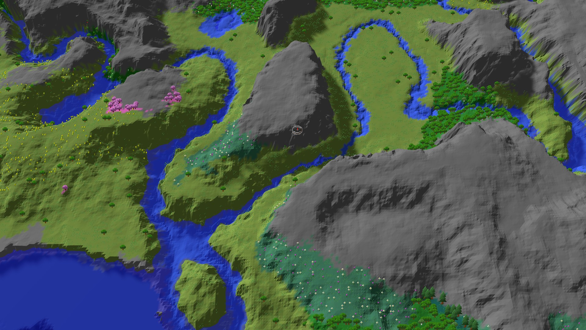 Aerial Minecraft seed map — A Quiet Meadow Start with Close Cherry Blooms