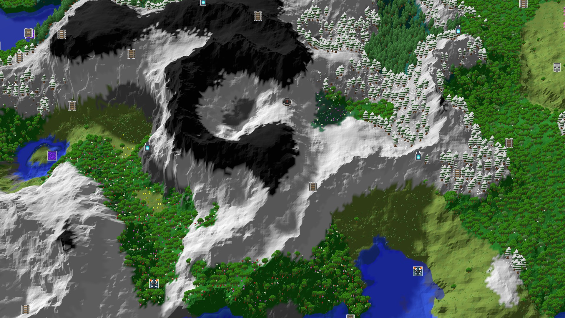 An aerial view showing snow-capped jagged mountains, dense forests, and a few small bodies of water. A spawn marker is visible at the base of a snowy peak.