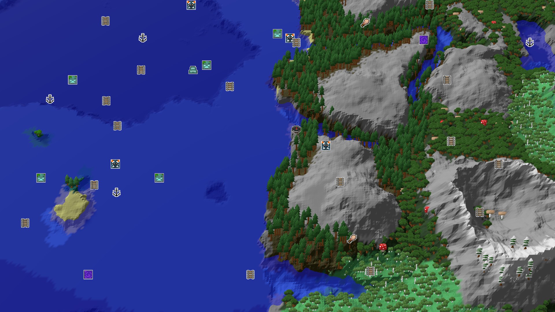 Aerial Minecraft seed map — A Jagged Start to a Mountainous Coastal World