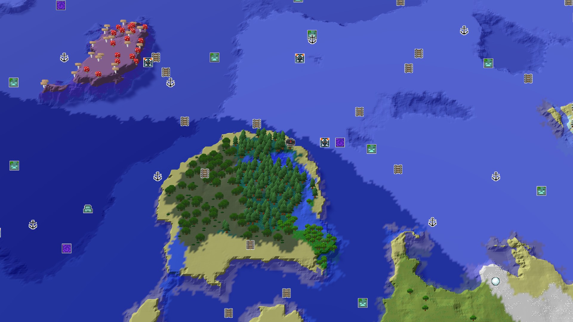 A 3D overview of a heavily forested peninsula in a cold ocean, with a small spawn marker in the center.