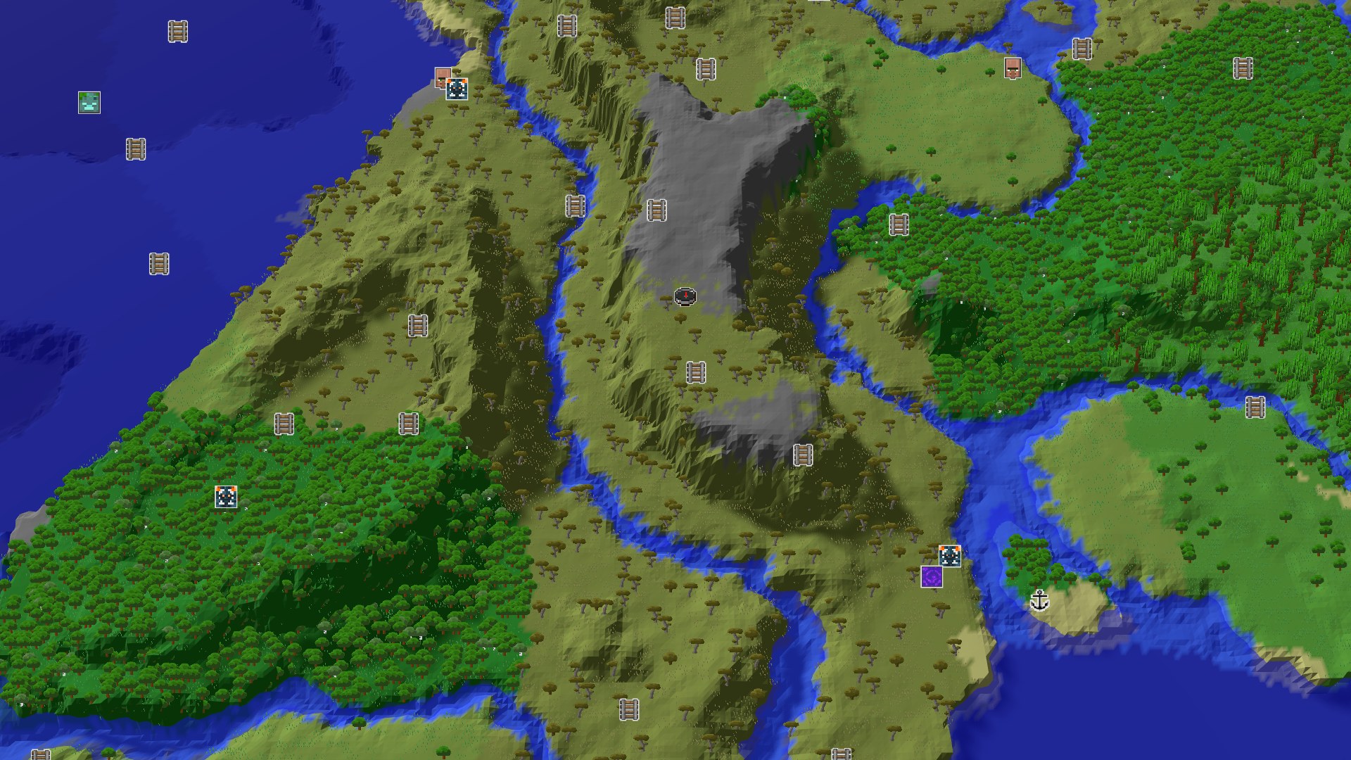 Aerial Minecraft seed map — Savanna Plateau Start with Close Geode and Jungle