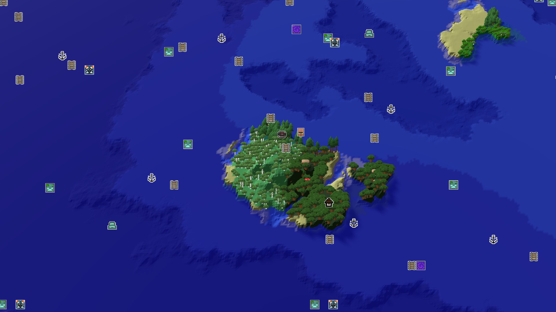 Aerial Minecraft seed map — A Taiga Island Start with Nearby Village and Geode