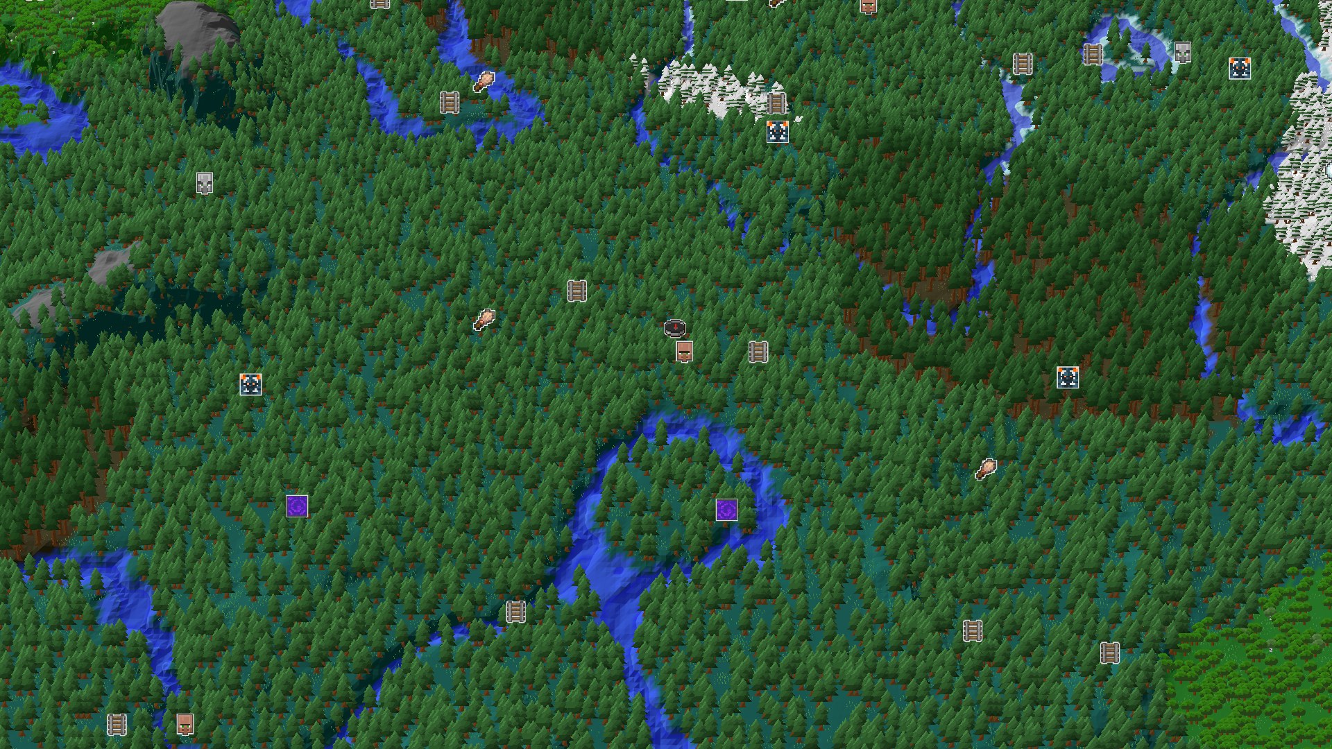 Aerial Minecraft seed map — Taiga Start with a Nearby Village and Amethyst Geode