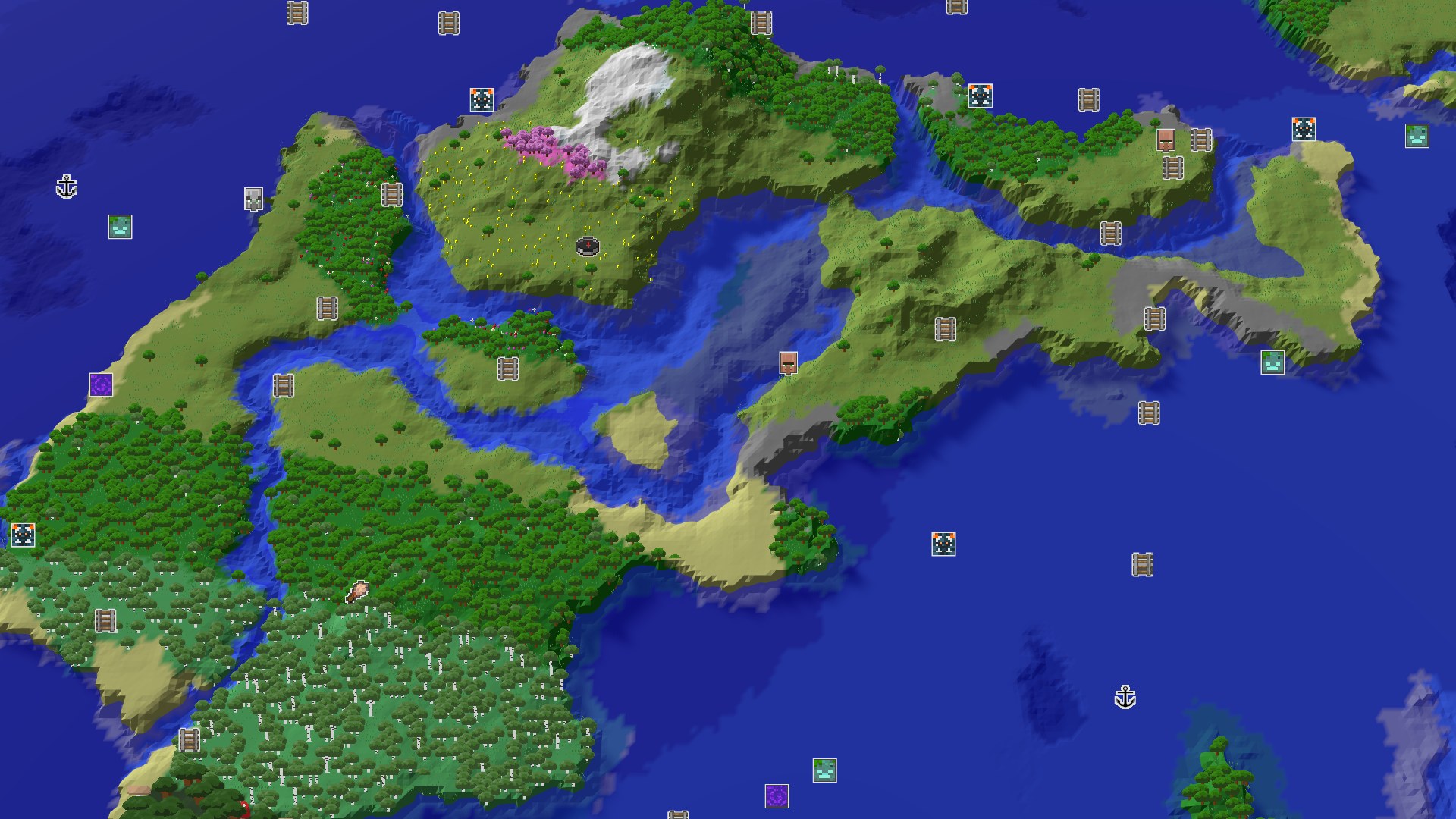 Aerial Minecraft seed map — A Sunflower Start with Nearby Mountains and Chambers
