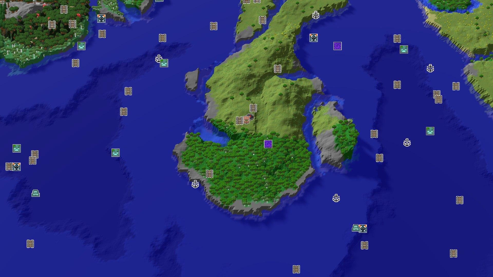 Aerial Minecraft seed map — Island Spawn with a Close Village and Coastal Explorations