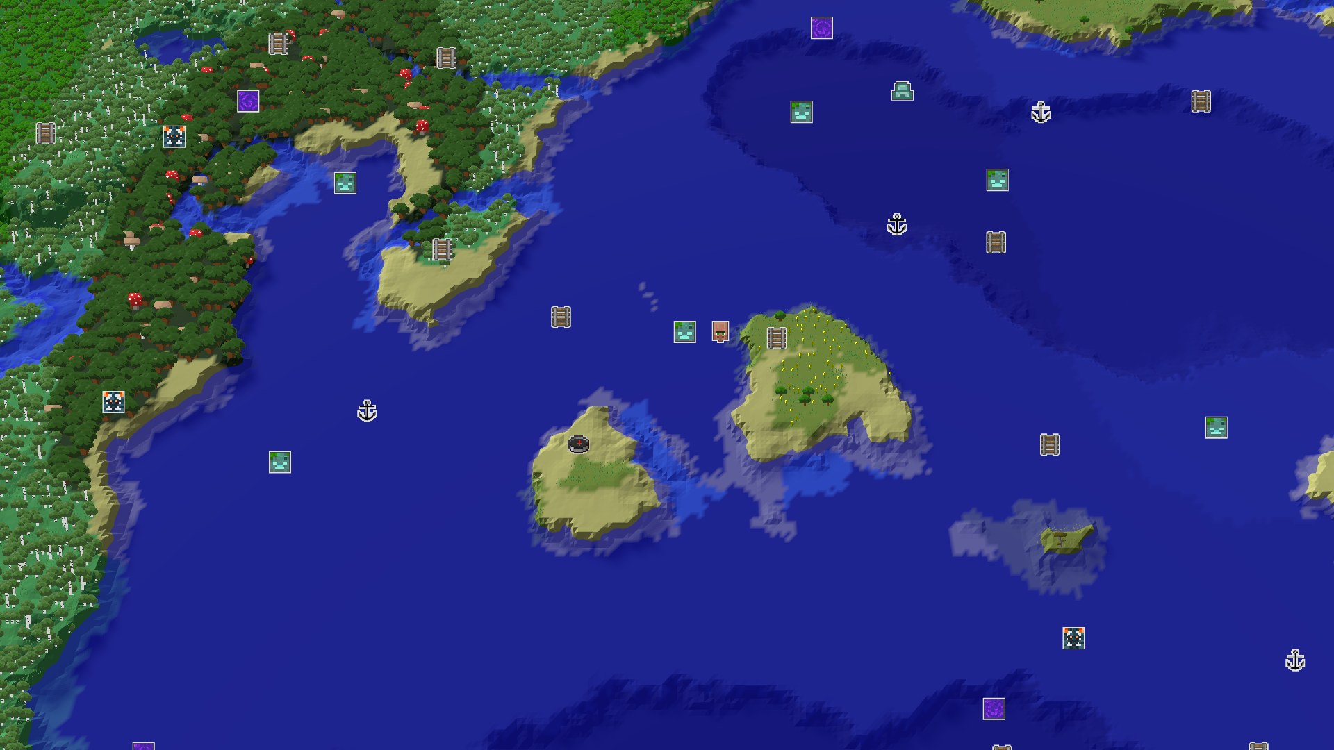 Aerial Minecraft seed map — A Coastal Start with Close Underground Loot