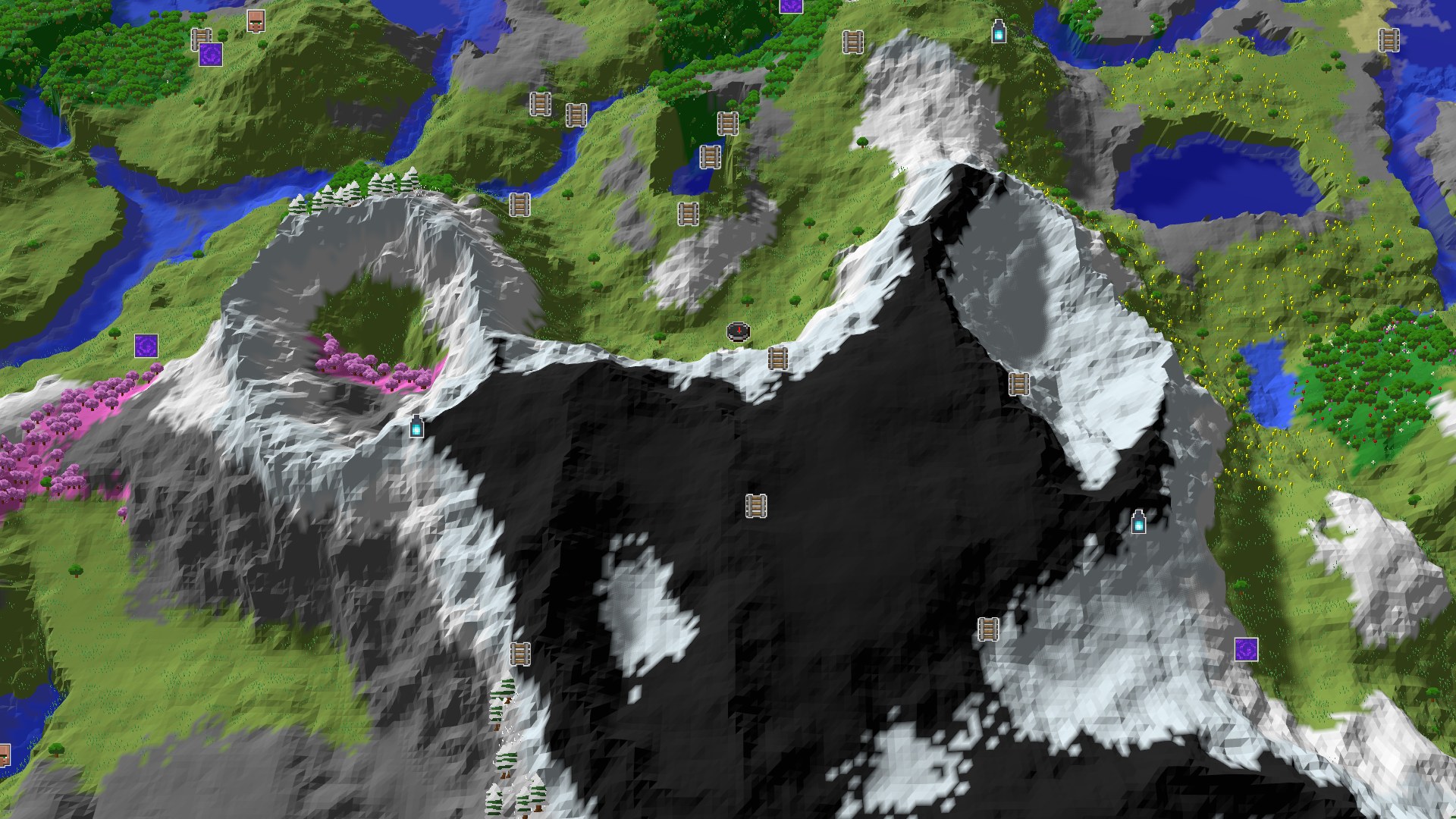 Aerial Minecraft seed map — A Mountainous Start with Nearby Amethyst