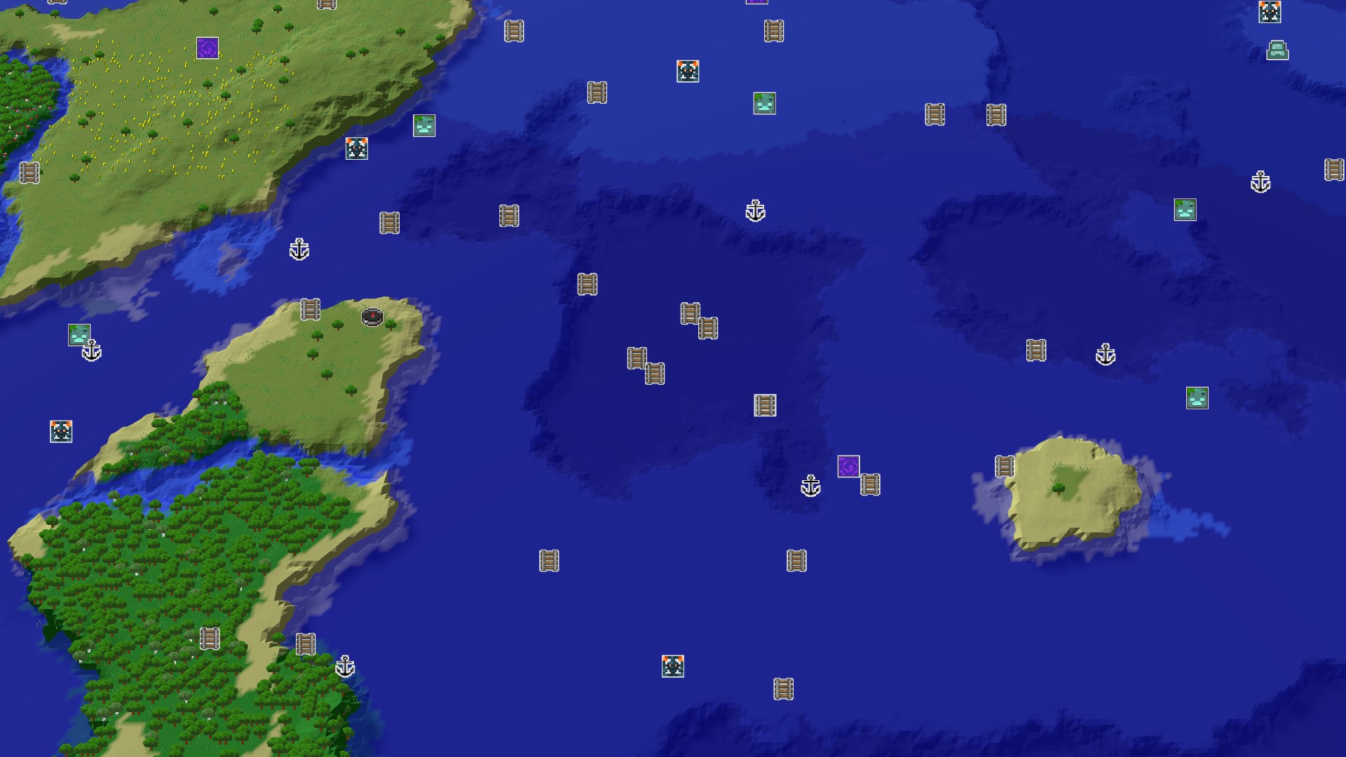Aerial Minecraft seed map — Spawn in Plains with Nearby Amethyst and Submerged Secrets