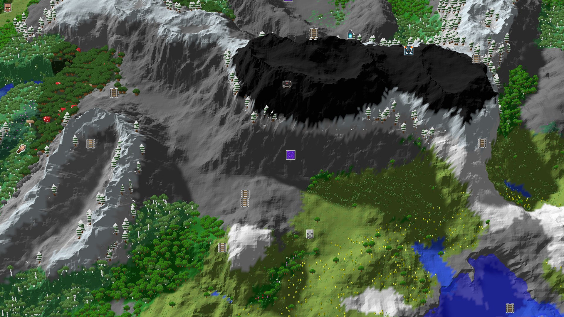 A bird's-eye view of a mountainous, snowy, and forested landscape, with a small marker at the center indicating the spawn point. A dark, shadowed mountain looms in the background, with lower green hills and a blue body of water in the foreground.