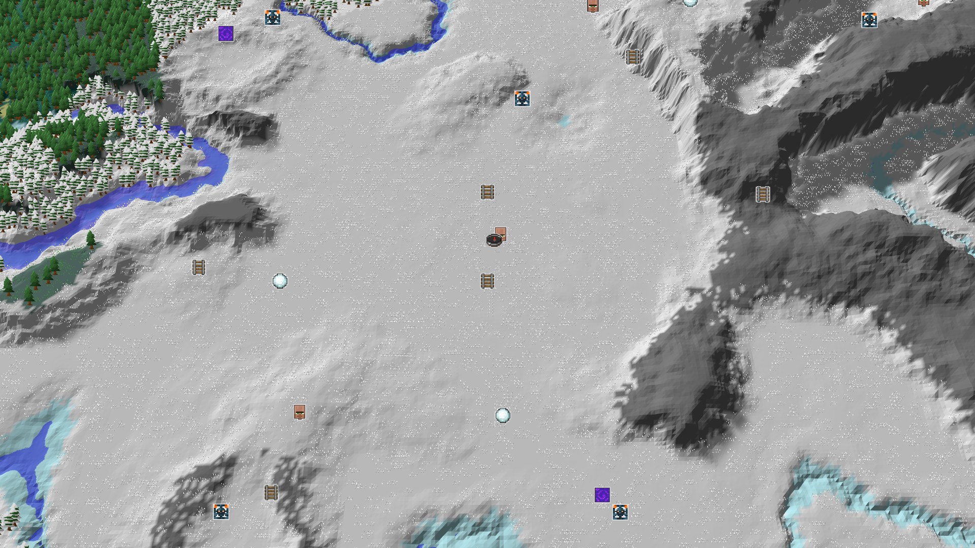 Aerial Minecraft seed map — A Snowy Plains Spawn with a Quick Village and Mineshaft