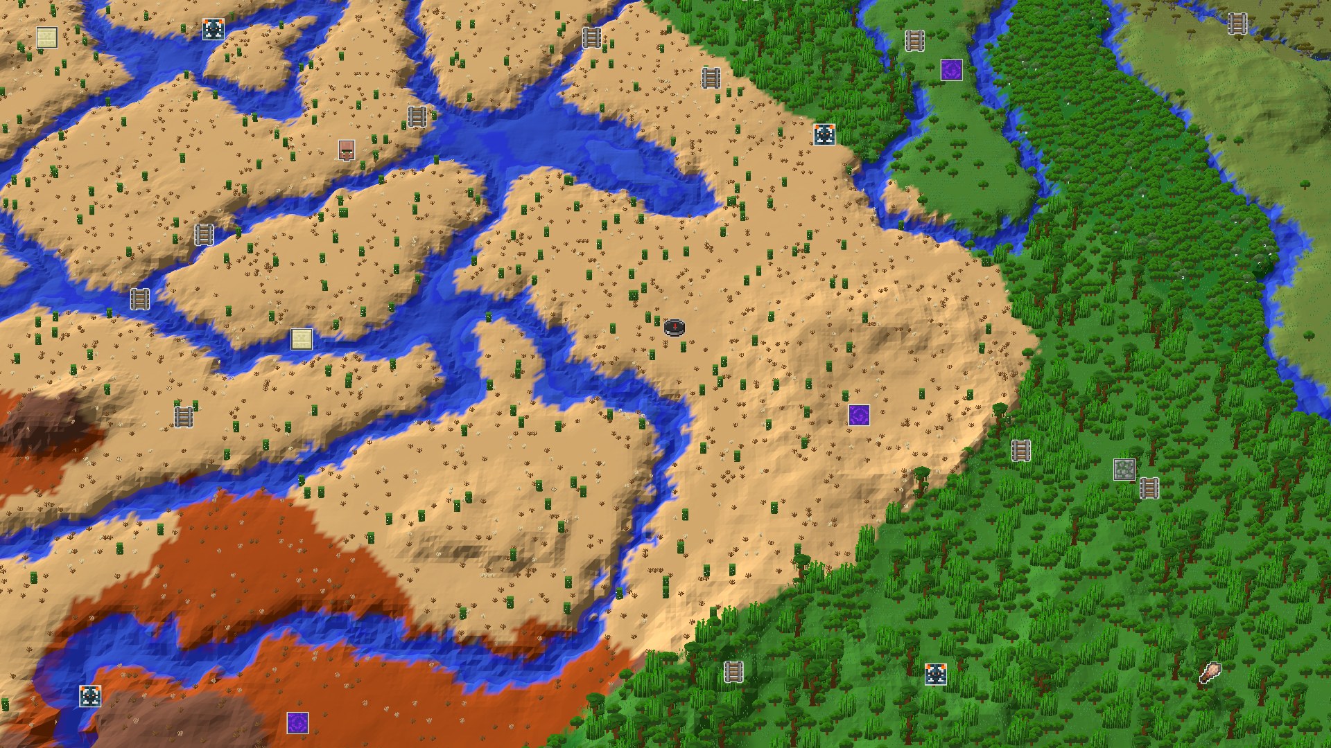 Aerial Minecraft seed map — Desert Spawn with Nearby Geode and Badlands