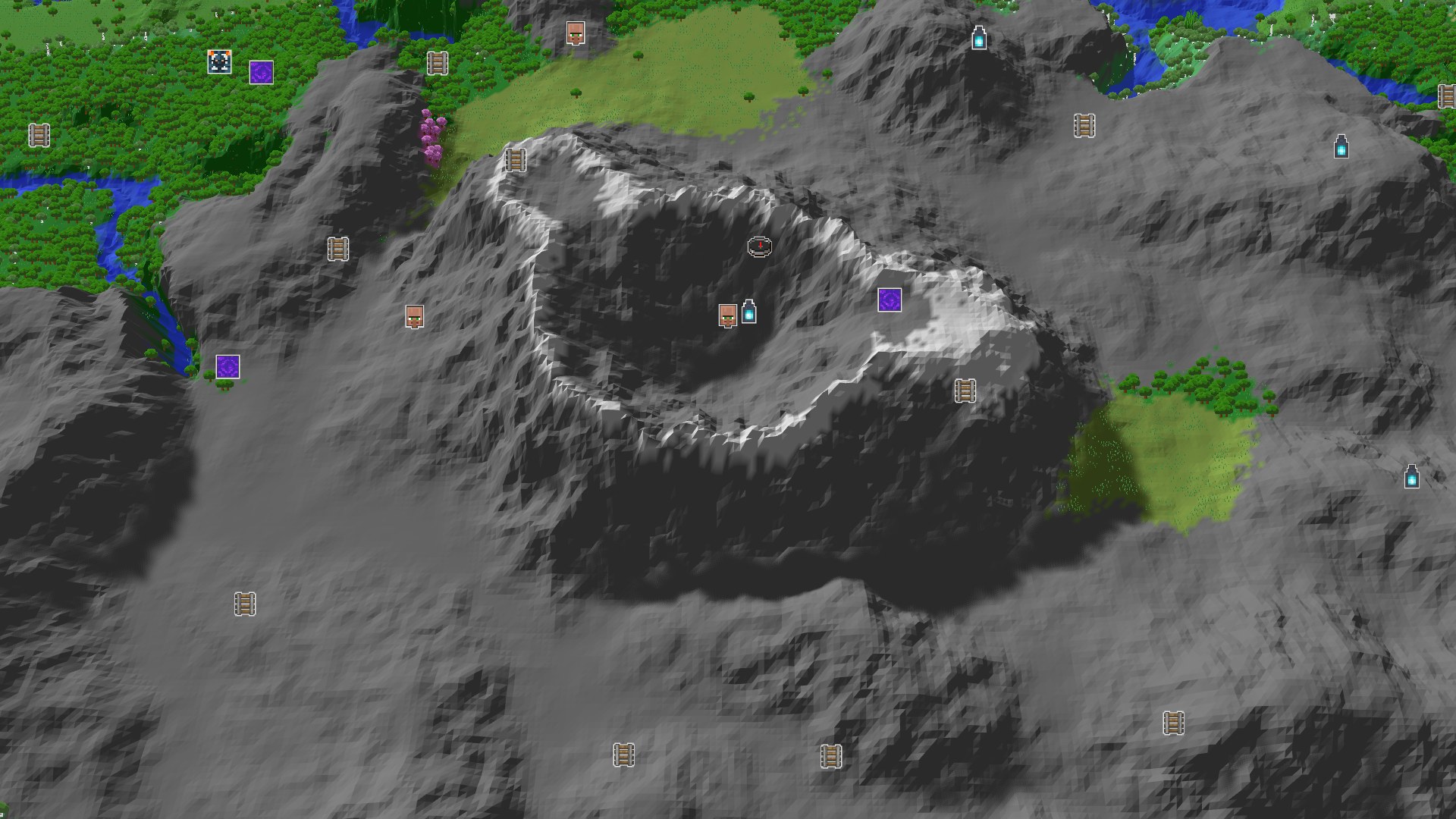 Aerial Minecraft seed map — Spawn Near a Village and Ancient City in Snowy Peaks