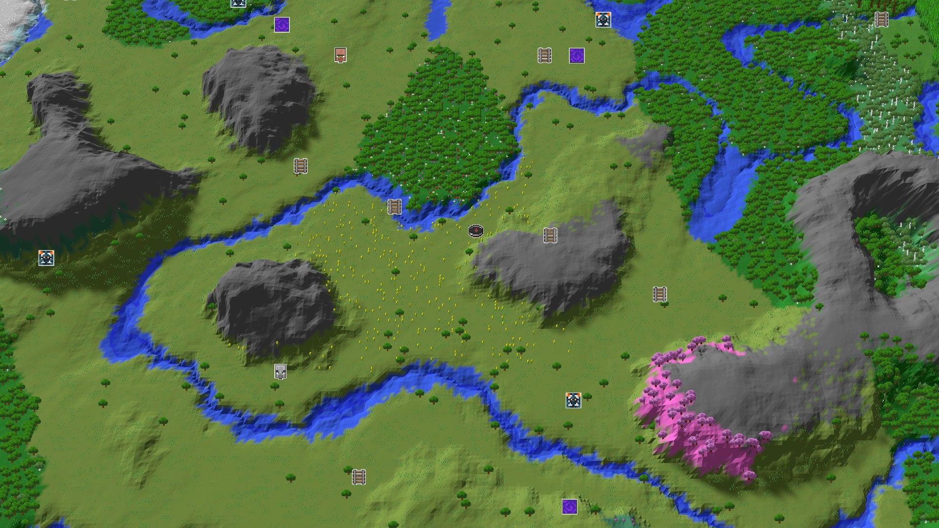 Aerial Minecraft seed map — A Seed for Explorers: Geodes, Mineshafts, and a Cherry Grove