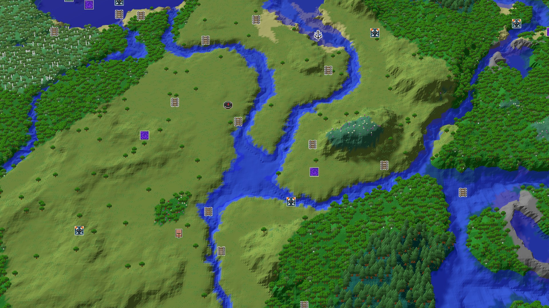 Aerial Minecraft seed map — A River Runs Through It: Plains, Forests, and a Nearby Geode