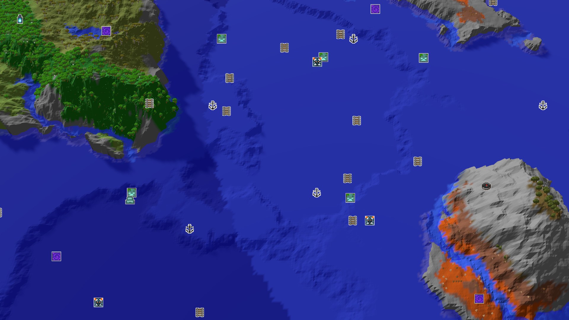 A 3D fly-over of a world with a central wooded badlands island, surrounded by vast blue oceans and distant landmasses, with trees on the land.