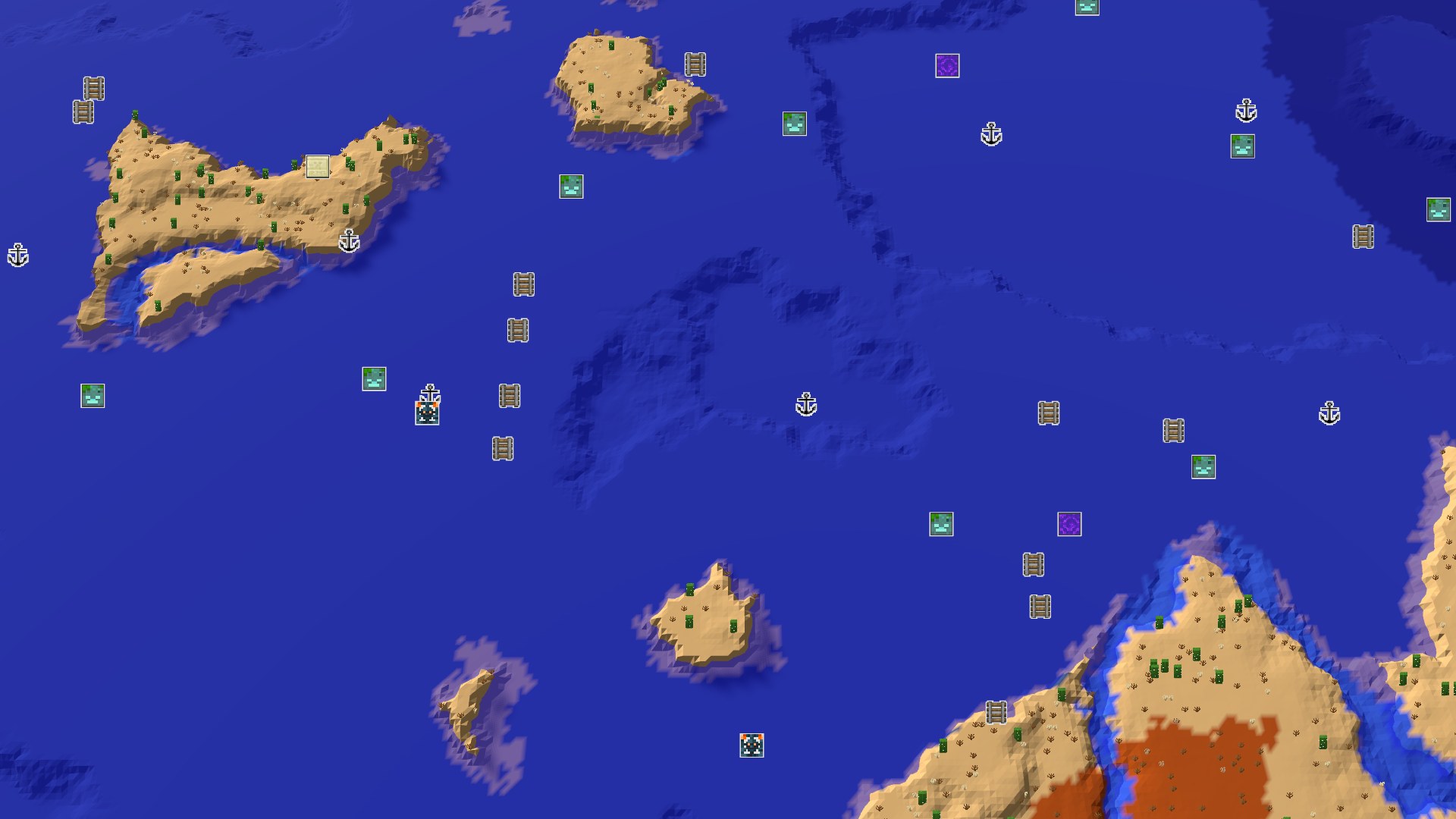Aerial Minecraft seed map — Badlands Spawn with a Close Amethyst Geode