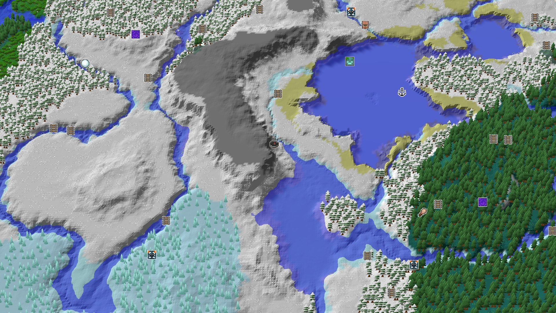 A broad aerial view of a snowy landscape with a large frozen lake, surrounded by snow-covered mountains, and coniferous forests, with a small spawn marker in the center.