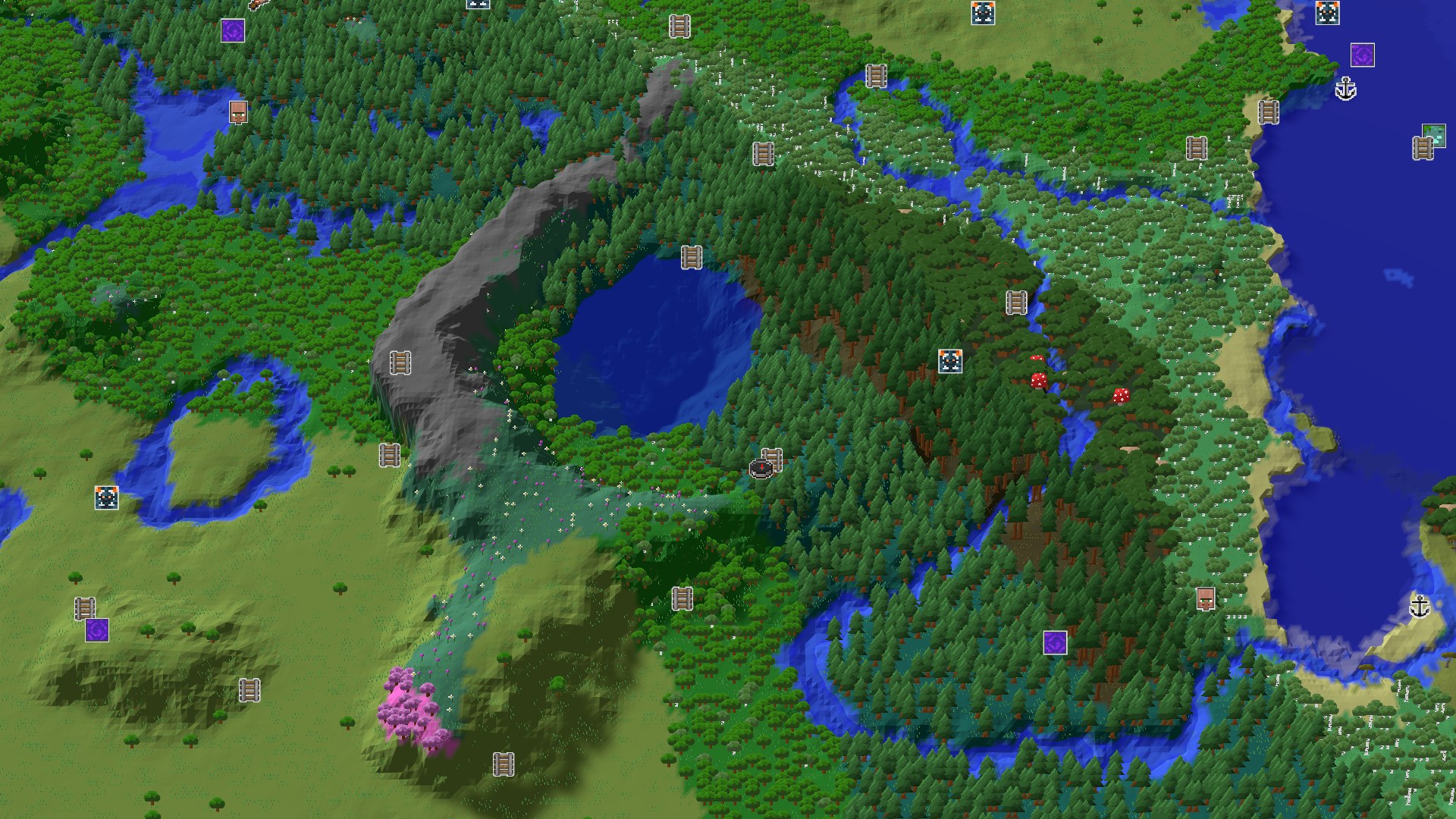 Aerial Minecraft seed map — A Taiga Start with Nearby Mineshaft and a Distant Cherry Grove