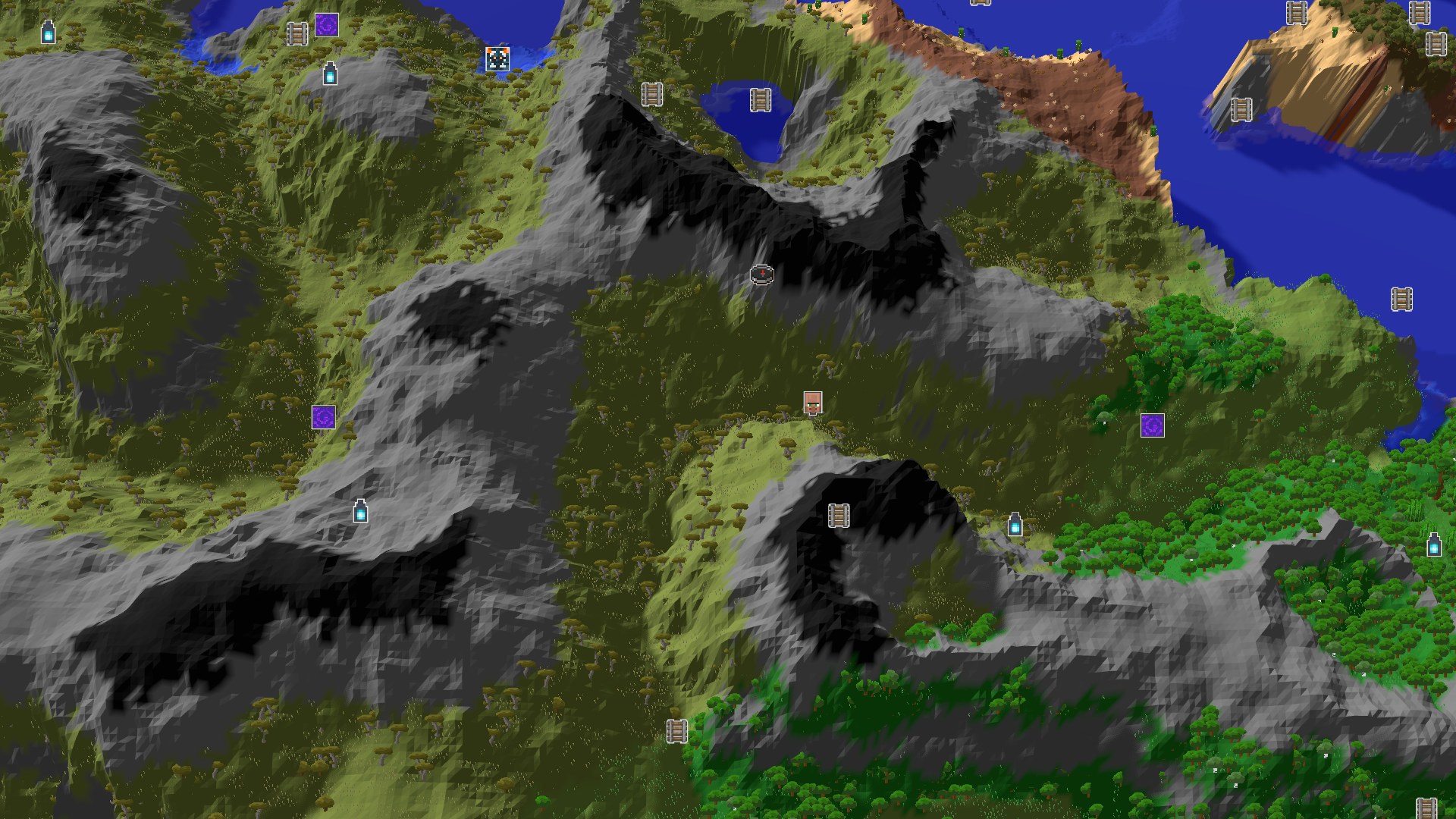 Aerial Minecraft seed map — Savanna Plateau Spawn with Nearby Village and Geode