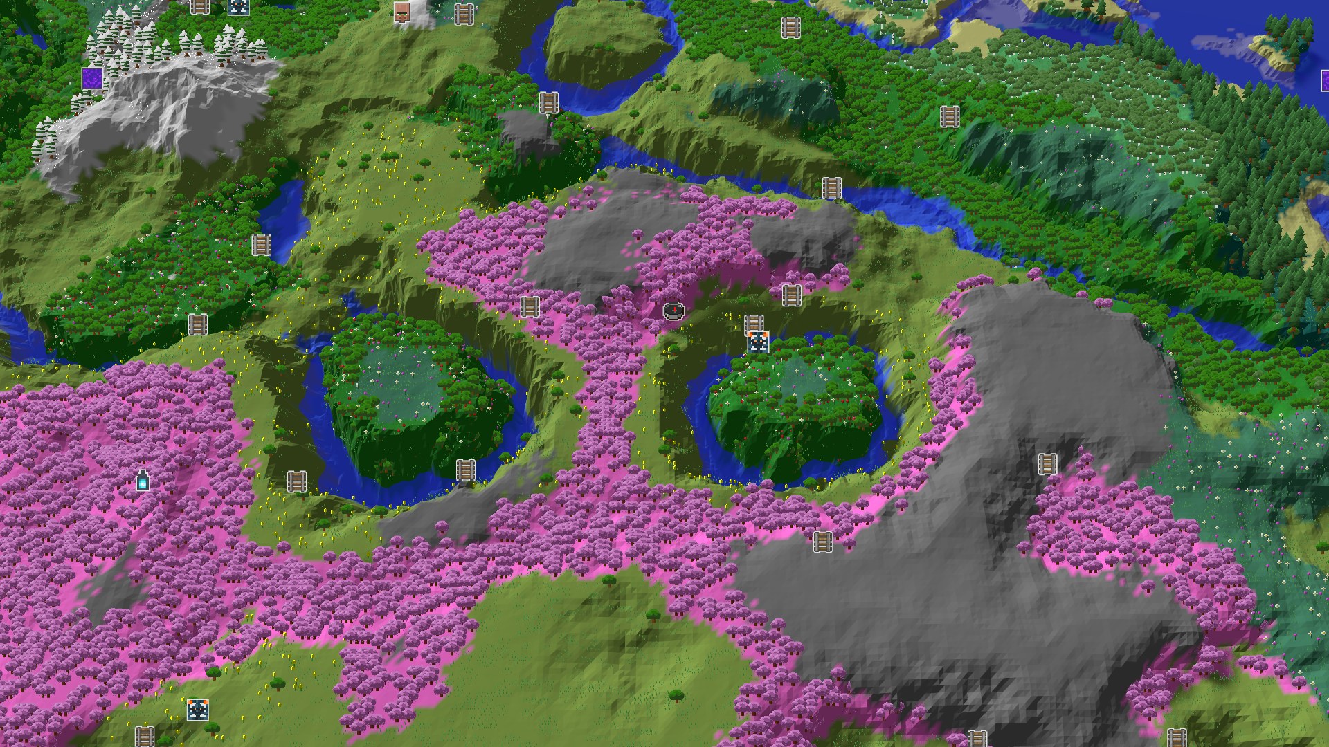An aerial view of rolling hills covered in pink cherry trees, green forests, and a few patches of grey rock, with rivers winding through the landscape. A small spawn marker is visible in the center of the cherry grove.