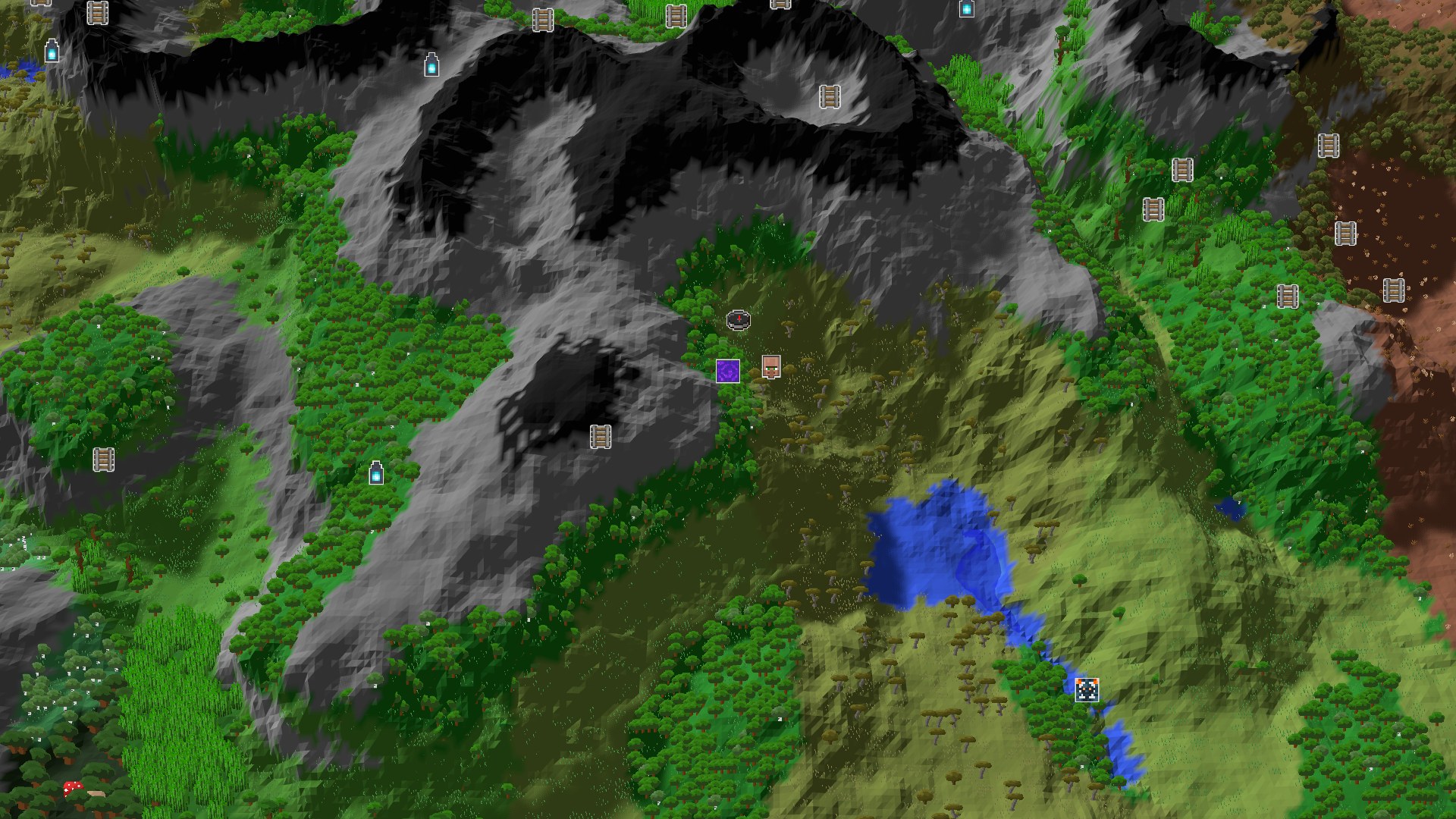 Aerial Minecraft seed map — A Mountainous Start with Nearby Village and Geode