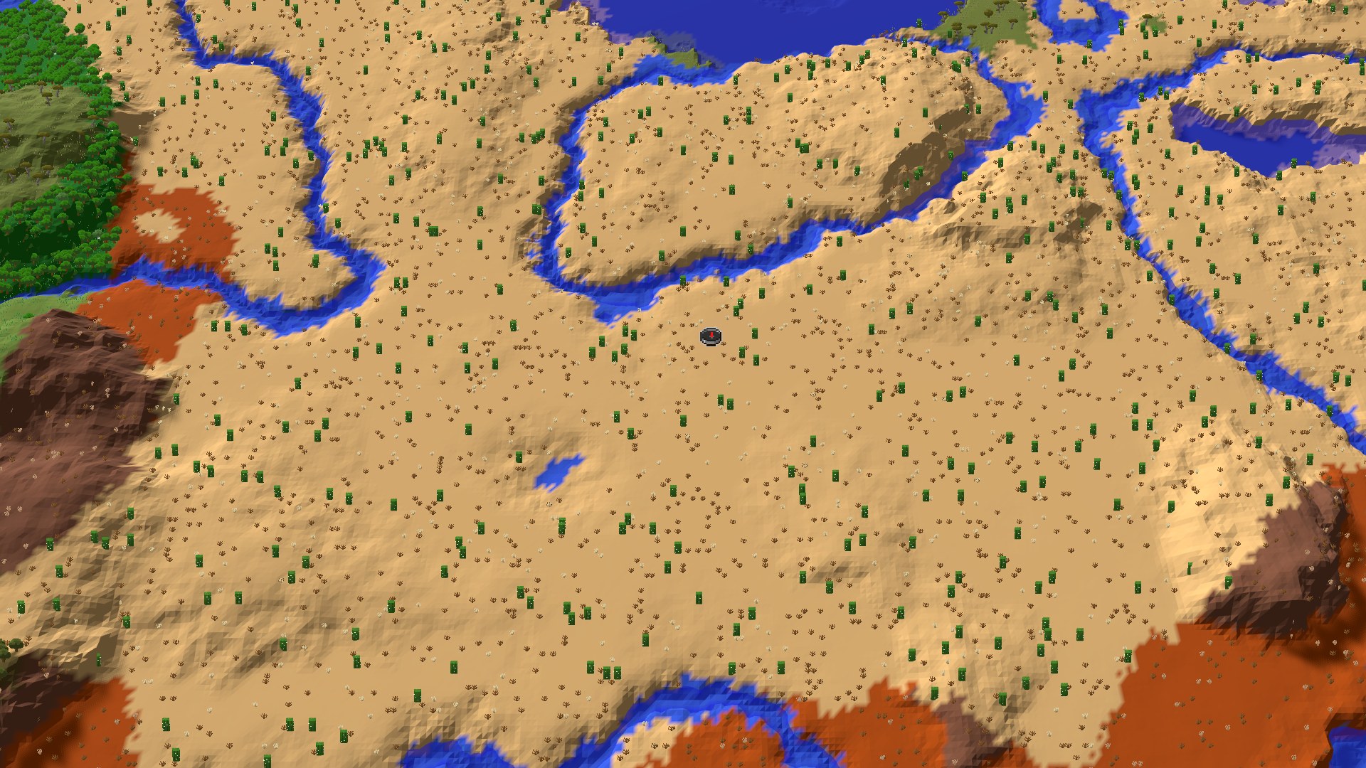 Aerial Minecraft seed map — Desert Spawn with Nearby Pyramid and Village
