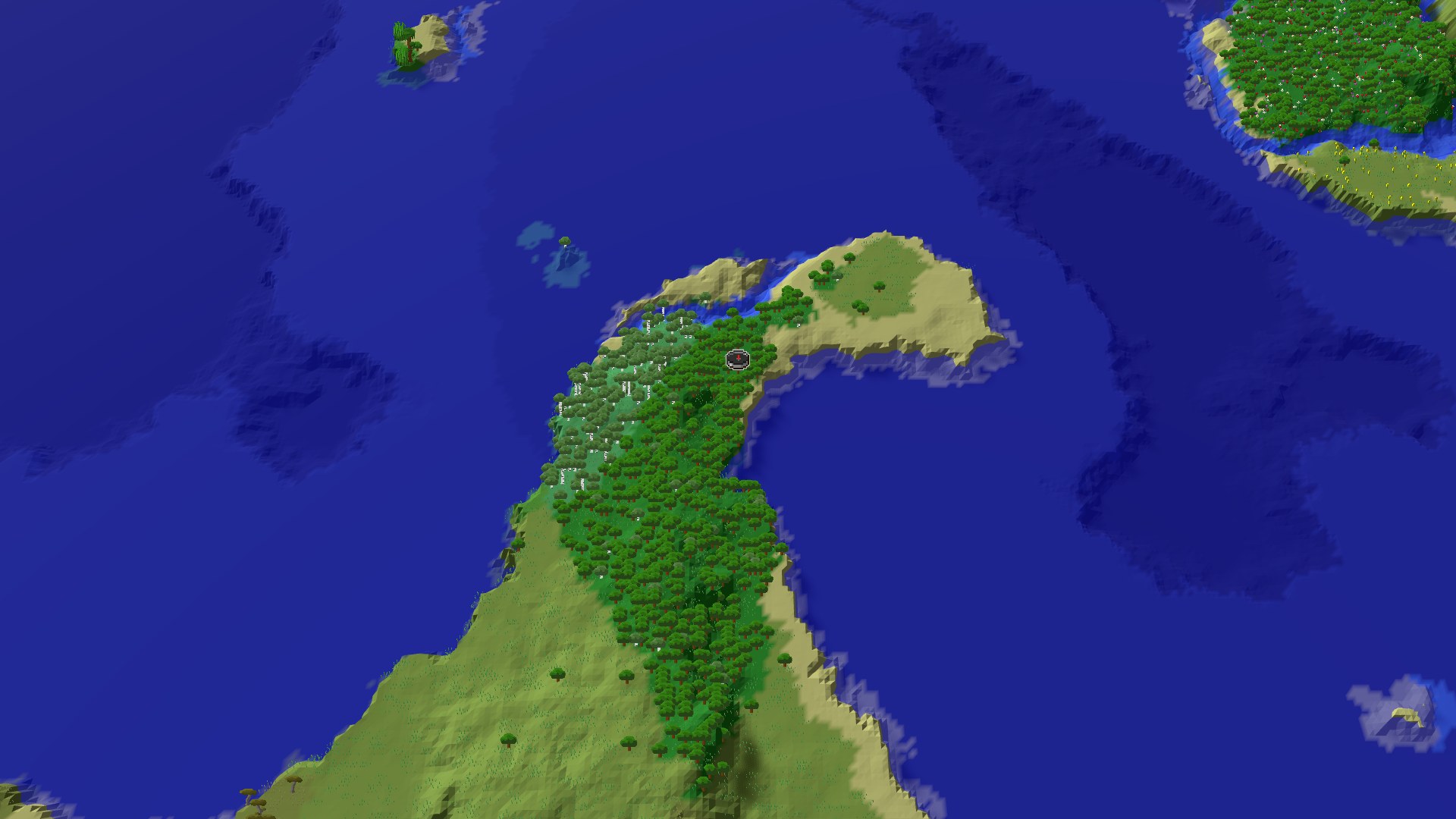 Aerial Minecraft seed map — A Wooded Coastal Spawn with Quick Underground Access
