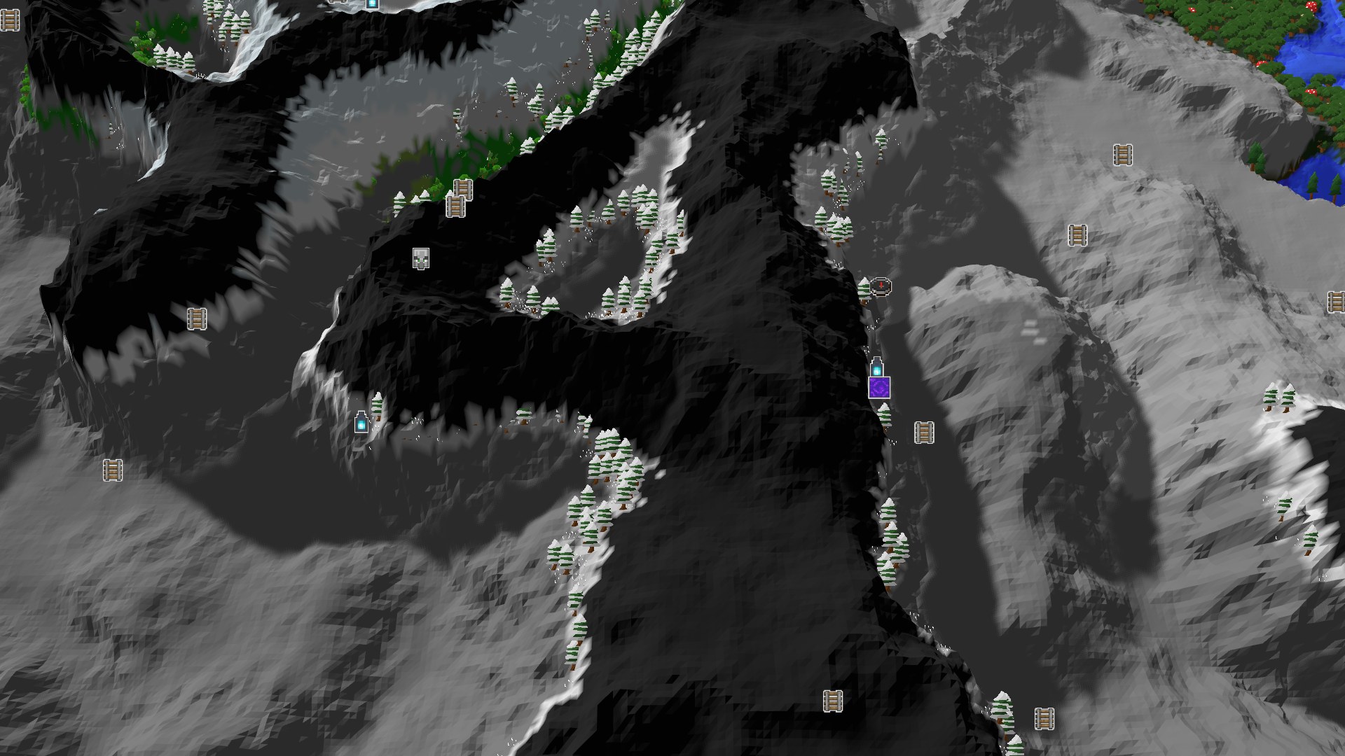 A 3D aerial view of a dark forest transitioning into snow-capped jagged peaks and snowy slopes, with a small spawn marker in the center.