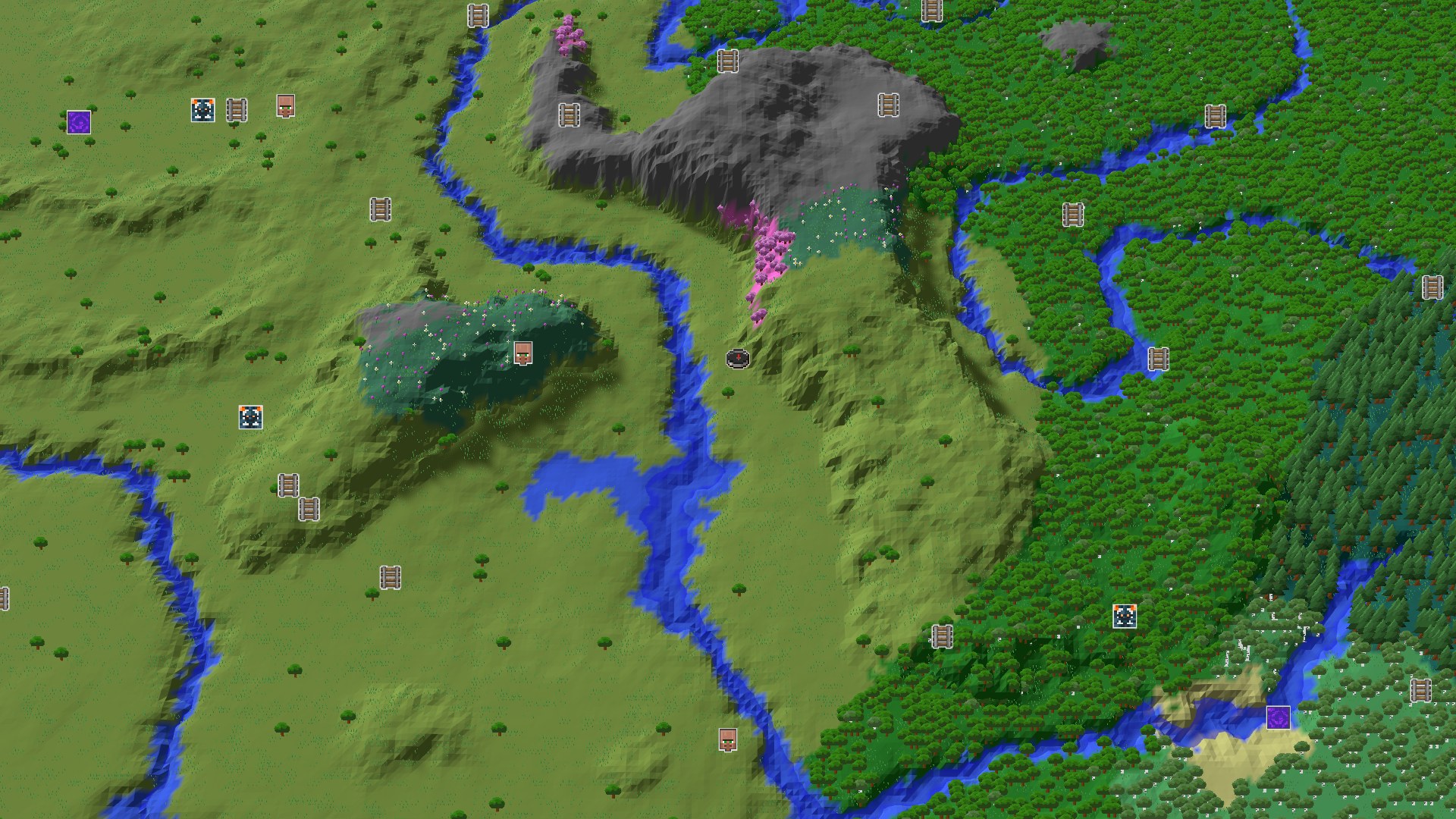 Aerial Minecraft seed map — Cherry Grove and Plains at Spawn