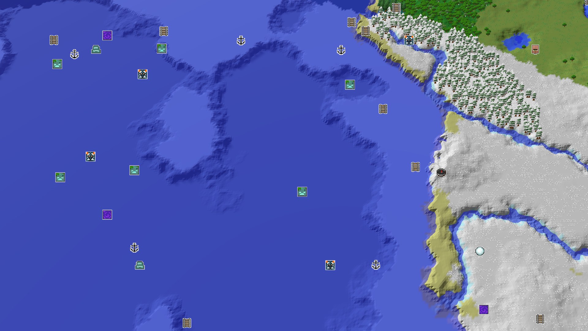 Aerial Minecraft seed map — A Frozen Coast with an Amethyst Geode at Spawn